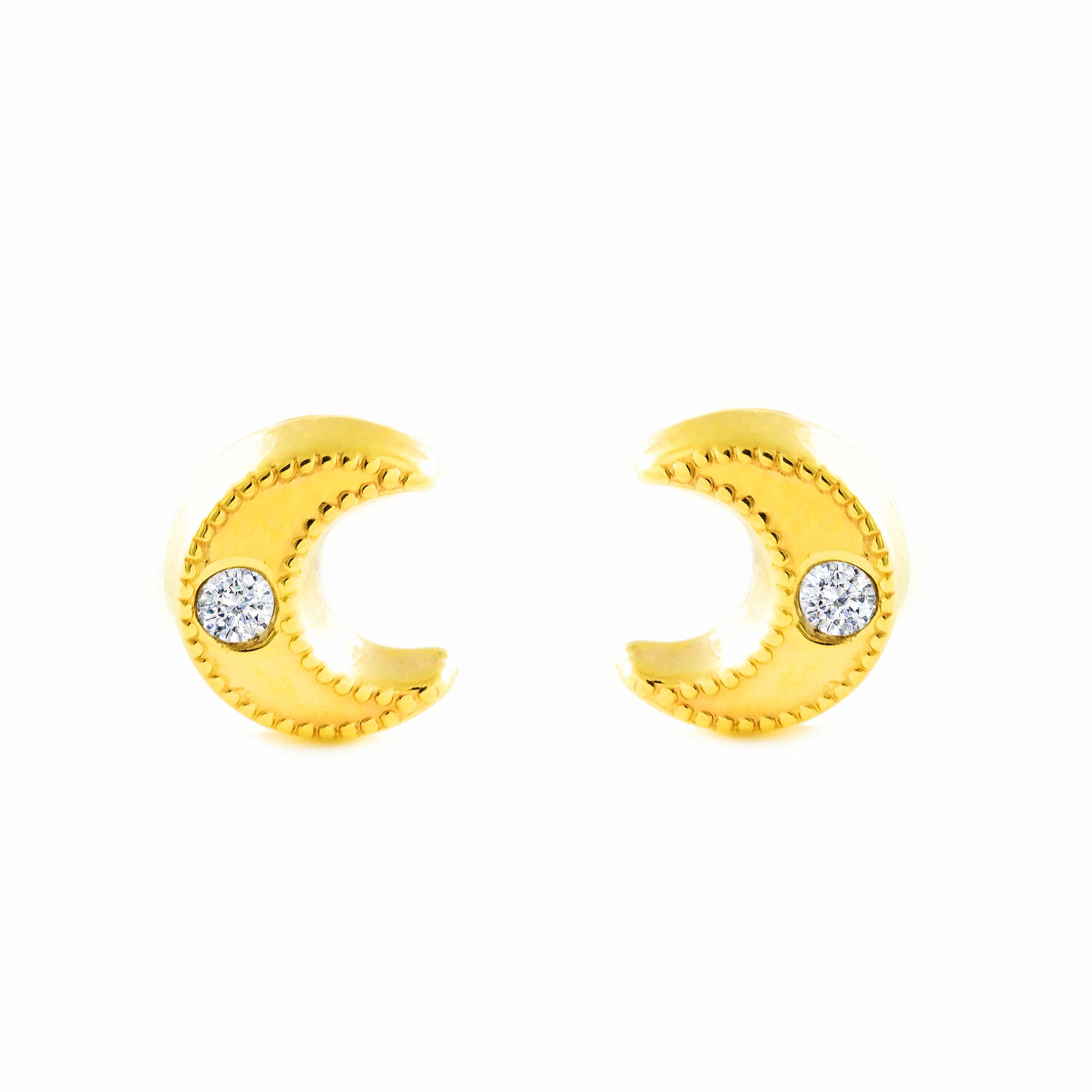 Baby-Girl Earrings 9K Yellow Gold Moon Zircon Shine and Texture