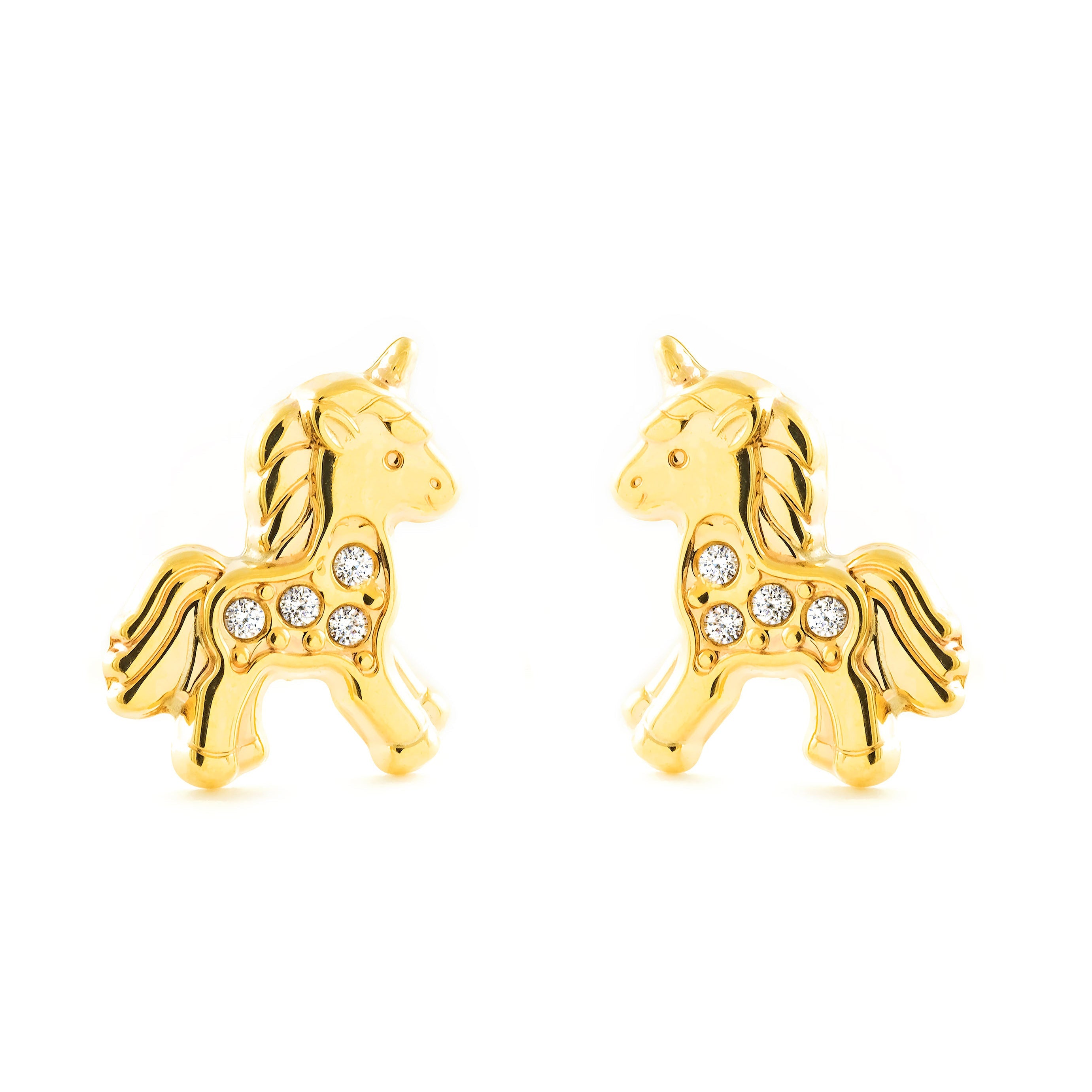 Girl's 9K Yellow Gold Unicorn Shiny Zirconia Earrings