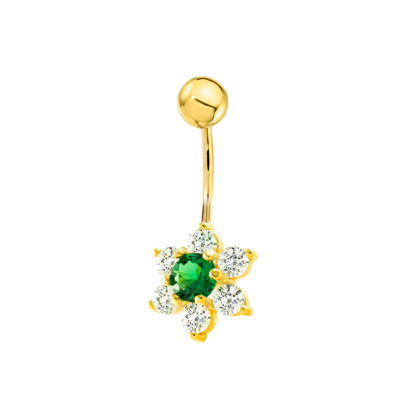 9K Yellow Gold Shiny Emerald Zirconia Flower Navel Piercing
