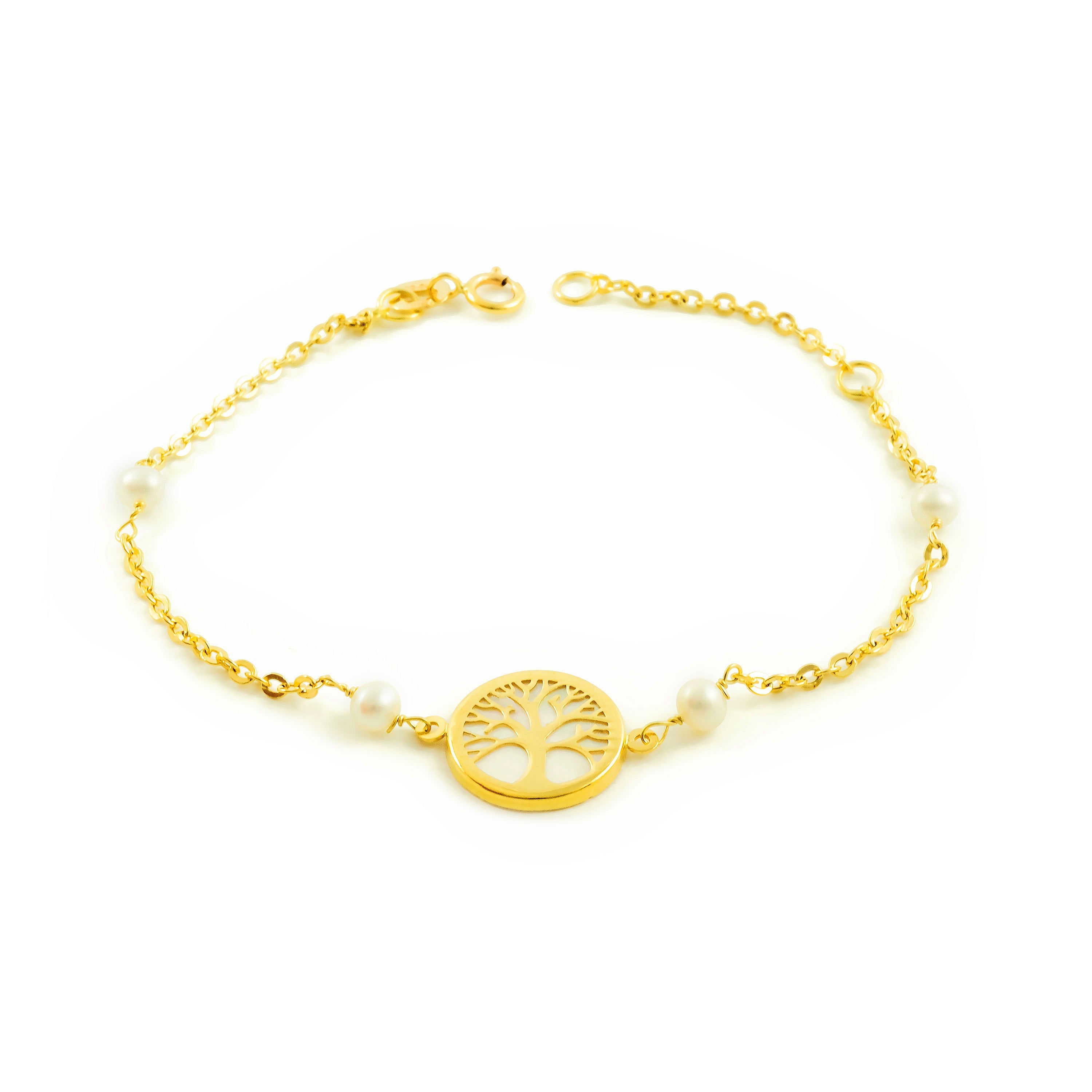 Girl's Bracelet 18K Yellow Gold Round Pearl 3.5 mm Tree of Life Nacre Shine 18 cm