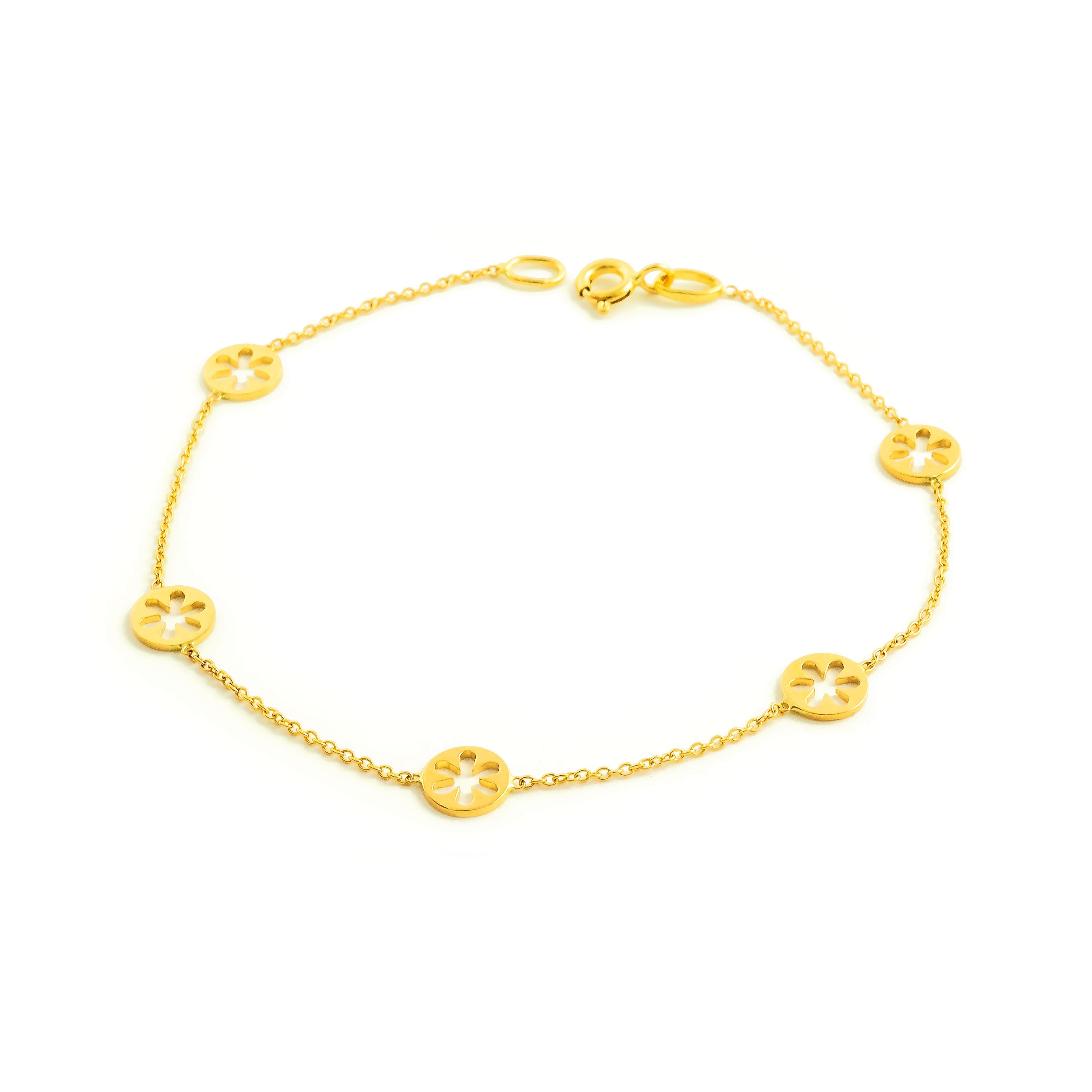 Woman-Girl Bracelet 18K Yellow Gold Shiny Flowers 18 cm