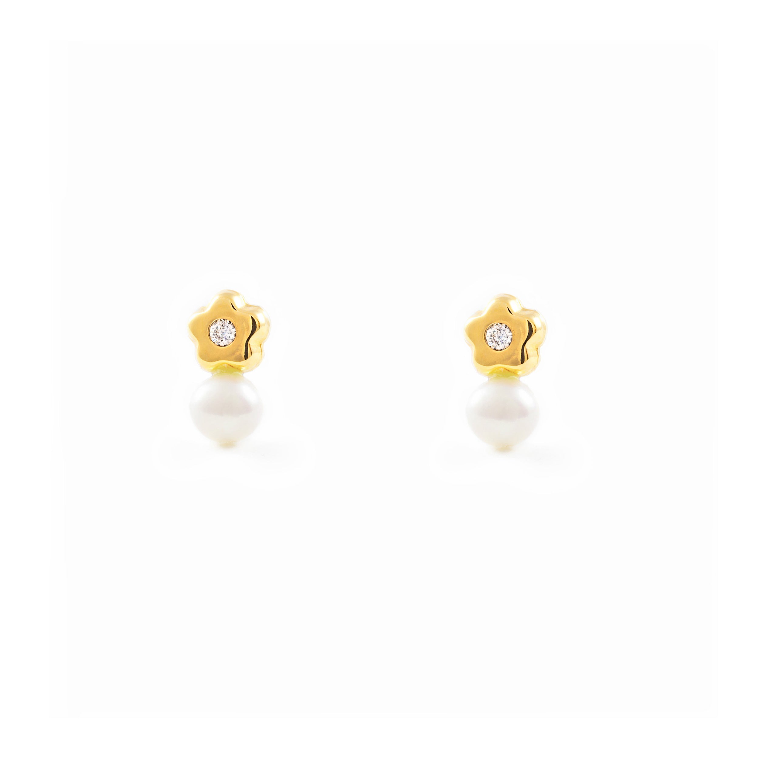 Baby-Girl Earrings 9K Yellow Gold You and Me Round Pearl 3 mm Daisy Flower Shiny Zirconia