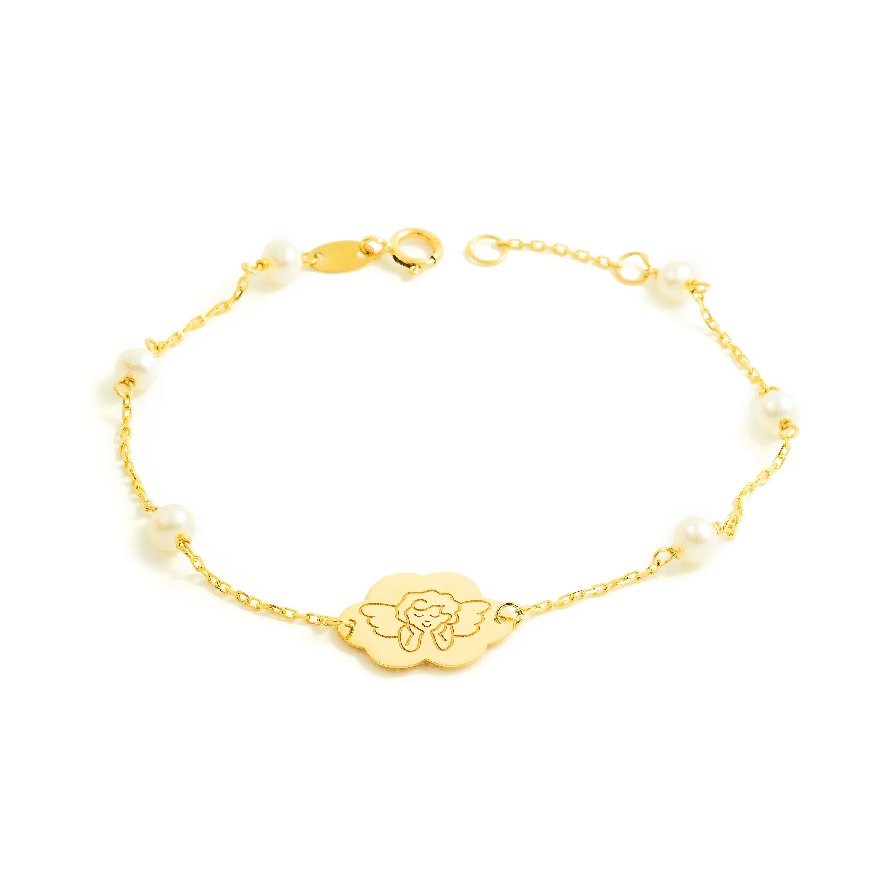 Pulsera Mujer-Niña Oro Amarillo 18K Perla Redonda 4 mm Angel Brillo 17 cm