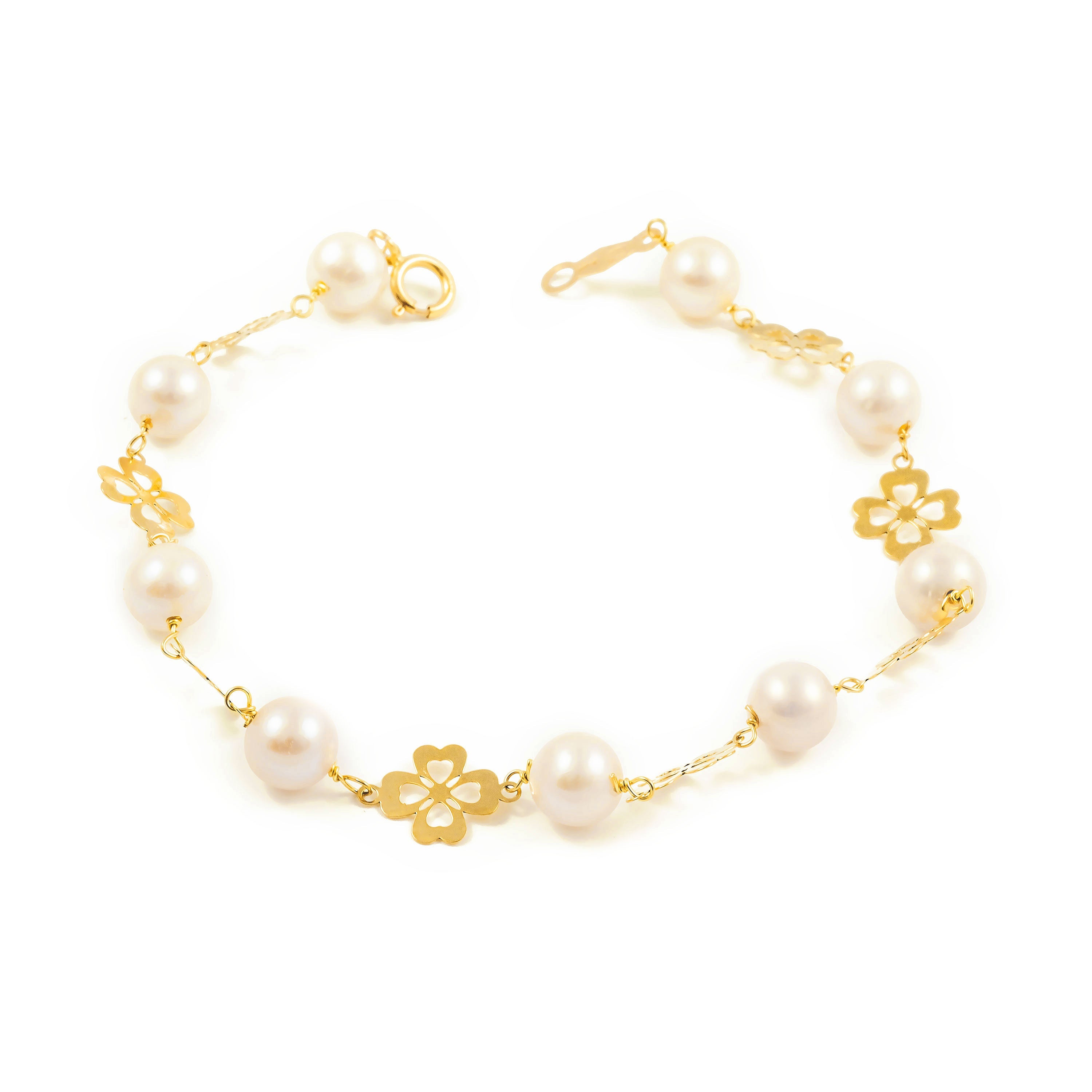 Girl's Bracelet 18K Yellow Gold Round Pearl 6 mm Shiny Clover 18 cm