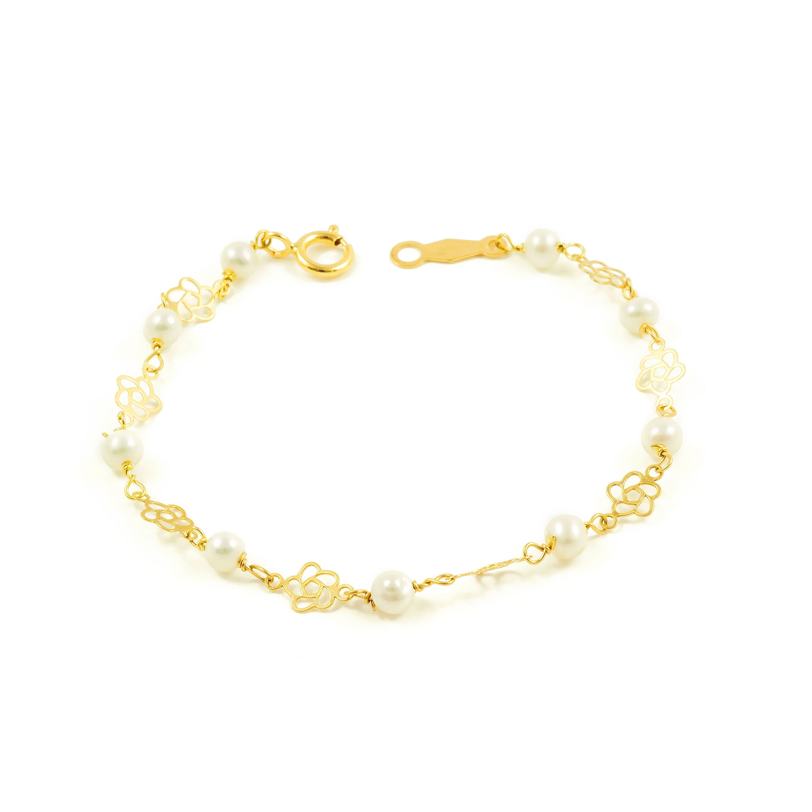Girl's Bracelet 18K Yellow Gold Round Pearl 3.5 mm Shiny Flower 13 cm