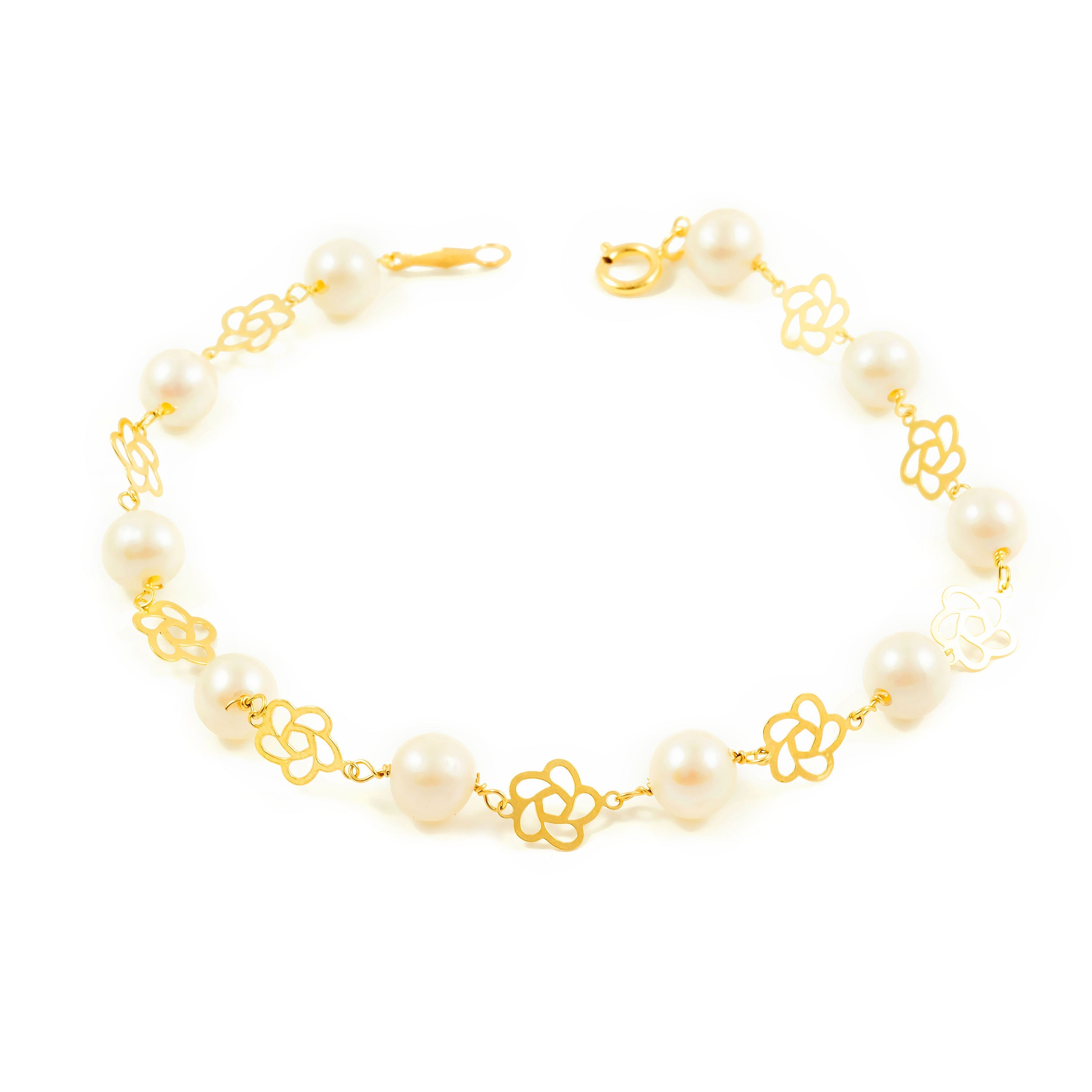 Girl's Bracelet 18K Yellow Gold Round Pearl 5.5 mm Shiny Flower 18 cm