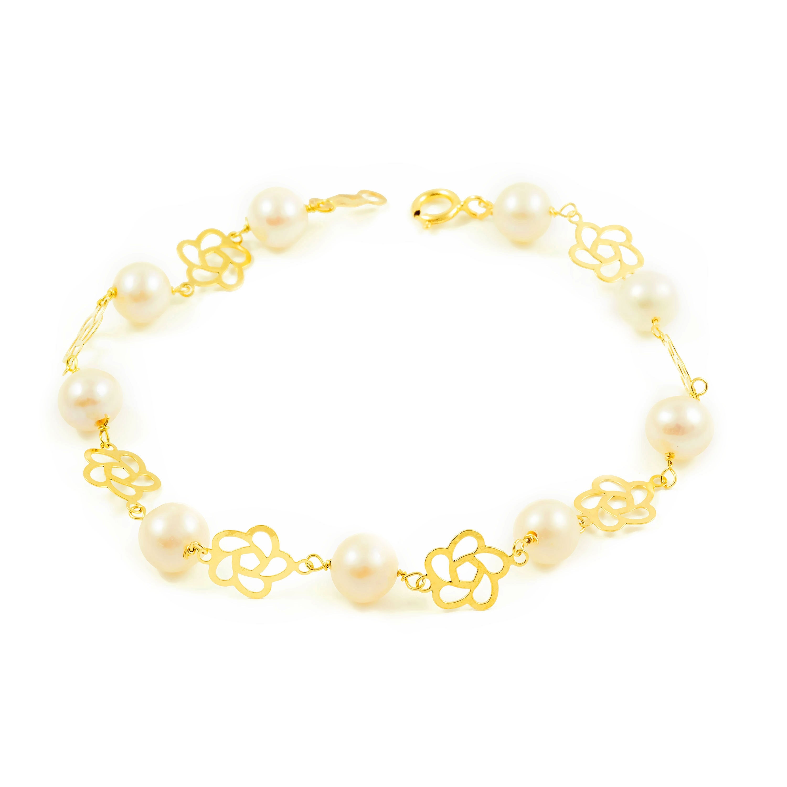 Girl's Bracelet 18K Yellow Gold Round Pearl 6 mm Shiny Flower 18 cm