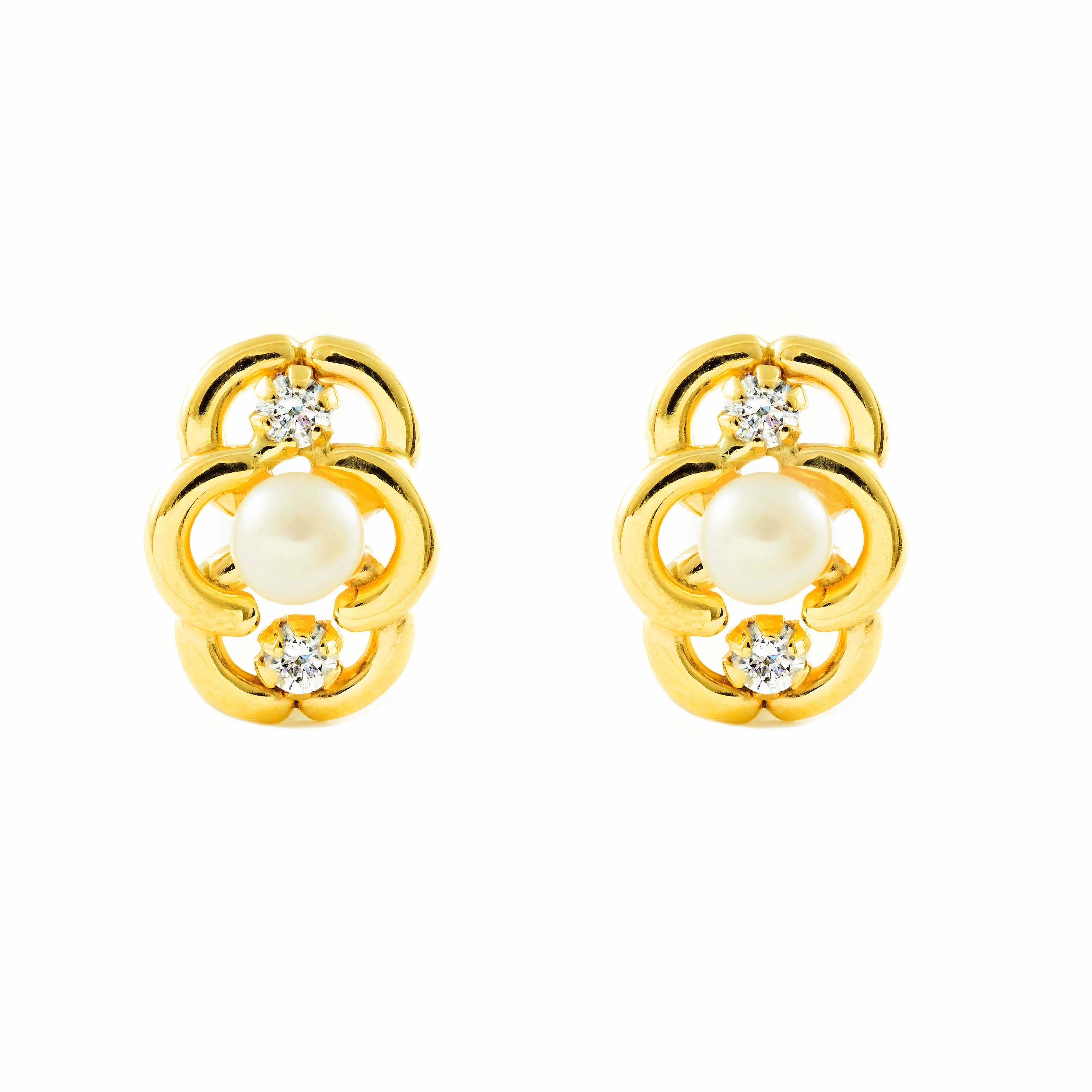 Girl's Earrings 9K Yellow Gold Button Pearl 3.5 mm Shiny Zirconia