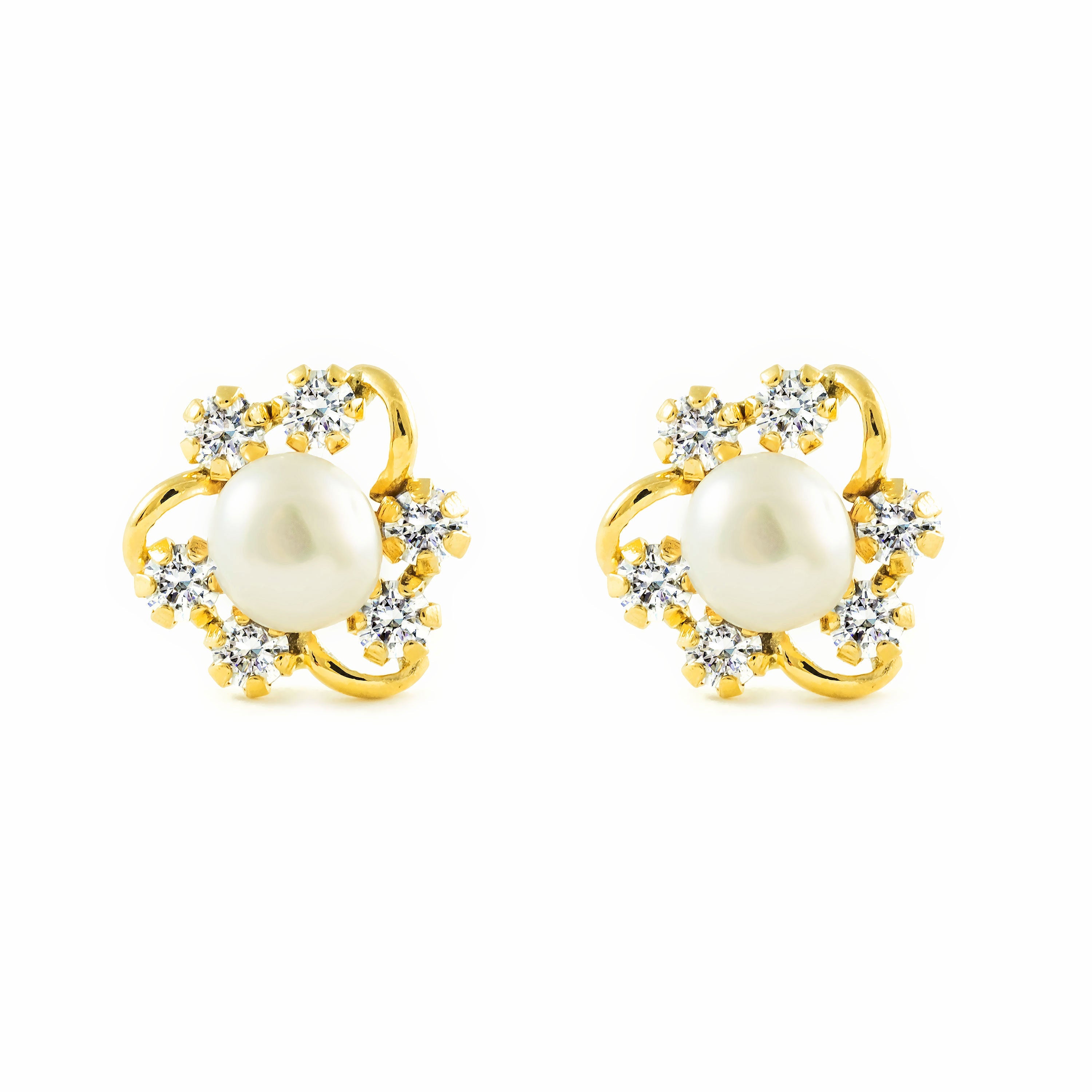 Girl's Earrings 9K Yellow Gold Button Pearl 4.5 mm Shiny Zirconia