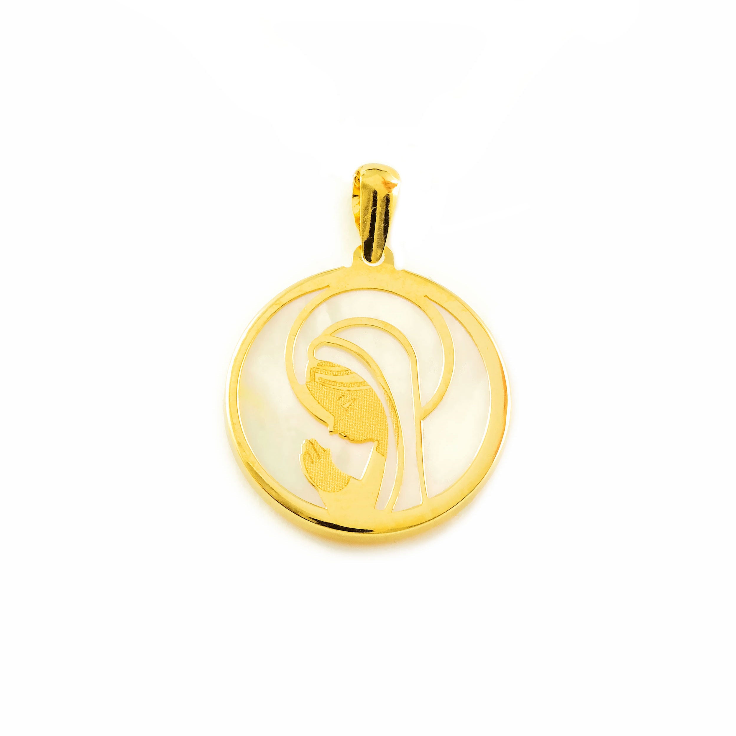 18K Yellow Gold Pendant Mother of Pearl Round Virgin Girl Matte and Shiny