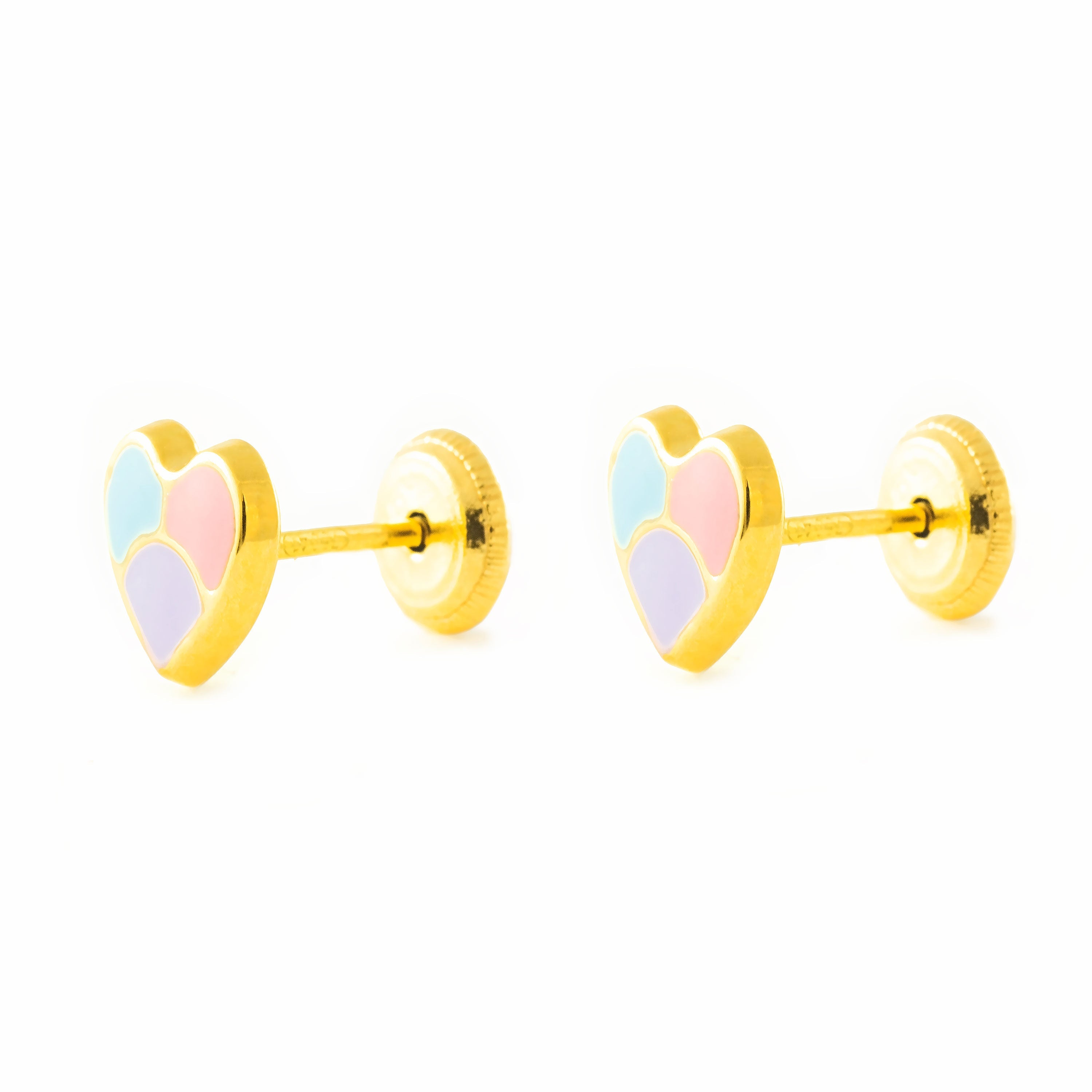 Girl's Earrings 18K Yellow Gold Heart Multicolor Shiny Enamel