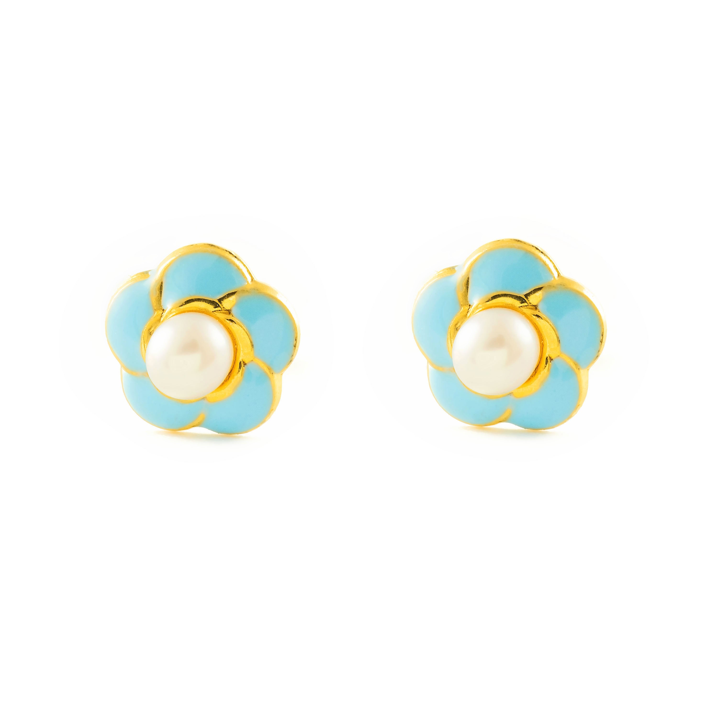 Pendientes Niña Oro Amarillo 18K Flor Esmalte Redonda 3 mm Brillo