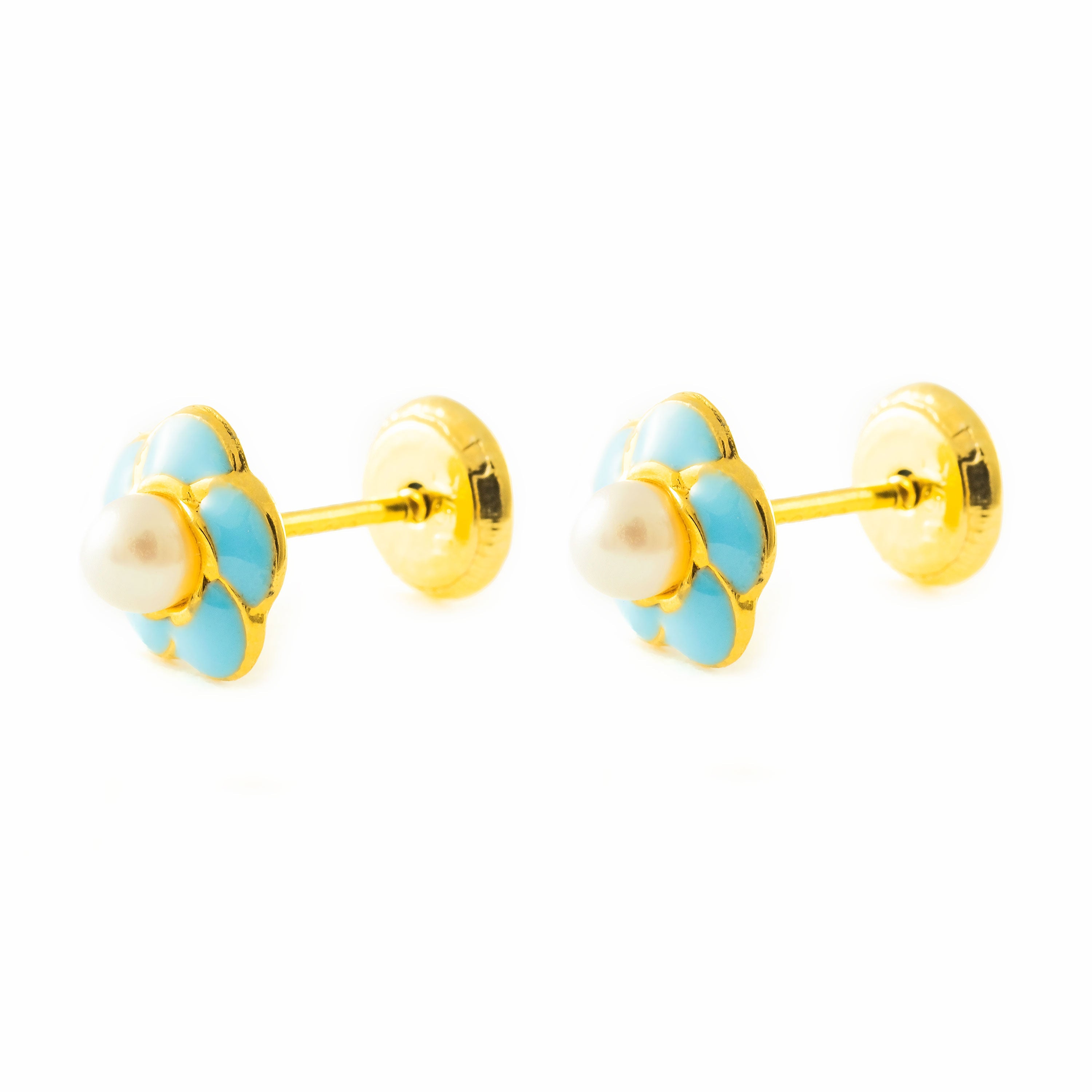 Girl's Earrings 18K Yellow Gold Round Enamel Flower 3 mm Shiny