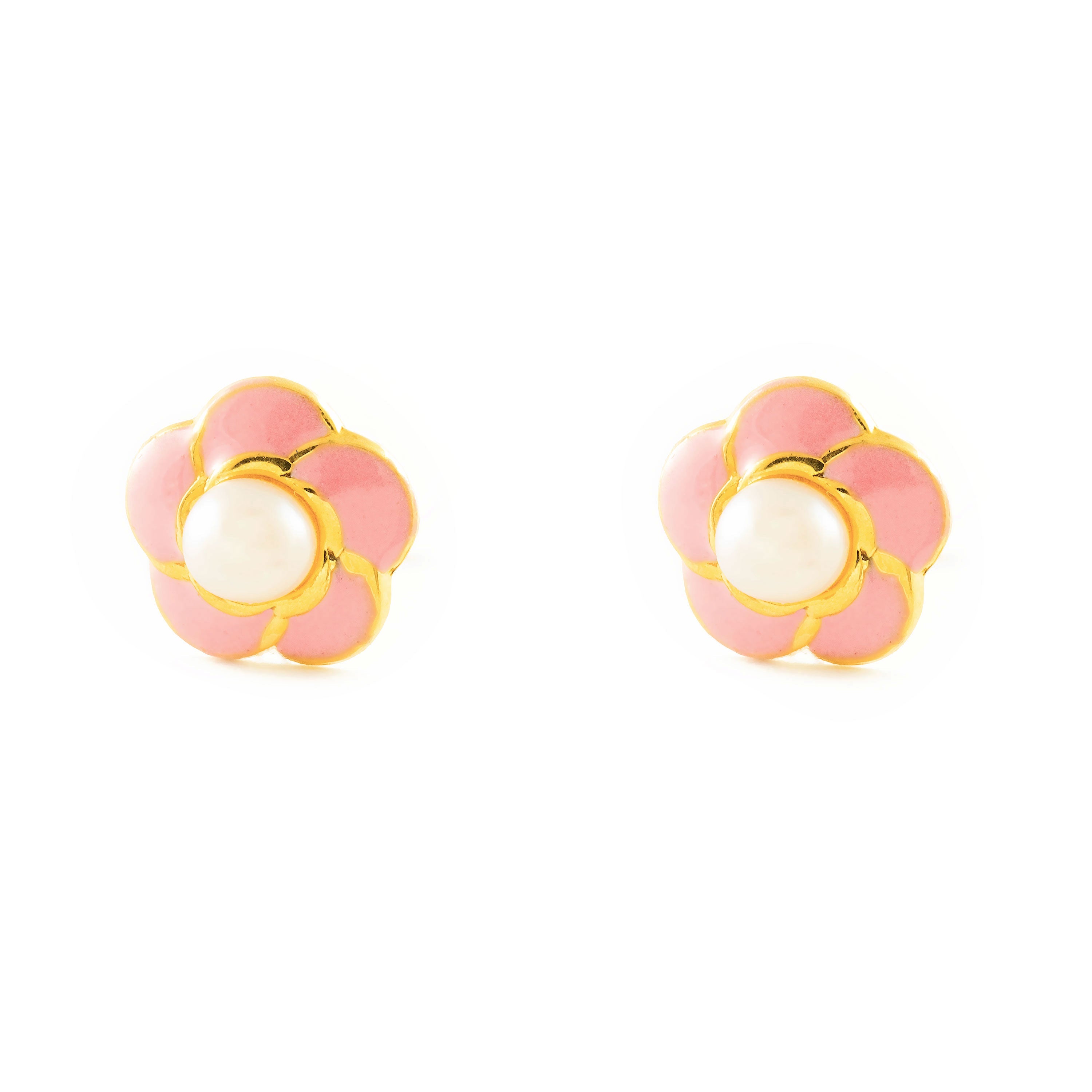 Pendientes Niña Oro Amarillo 18K Flor Esmalte Redonda 3 mm Brillo