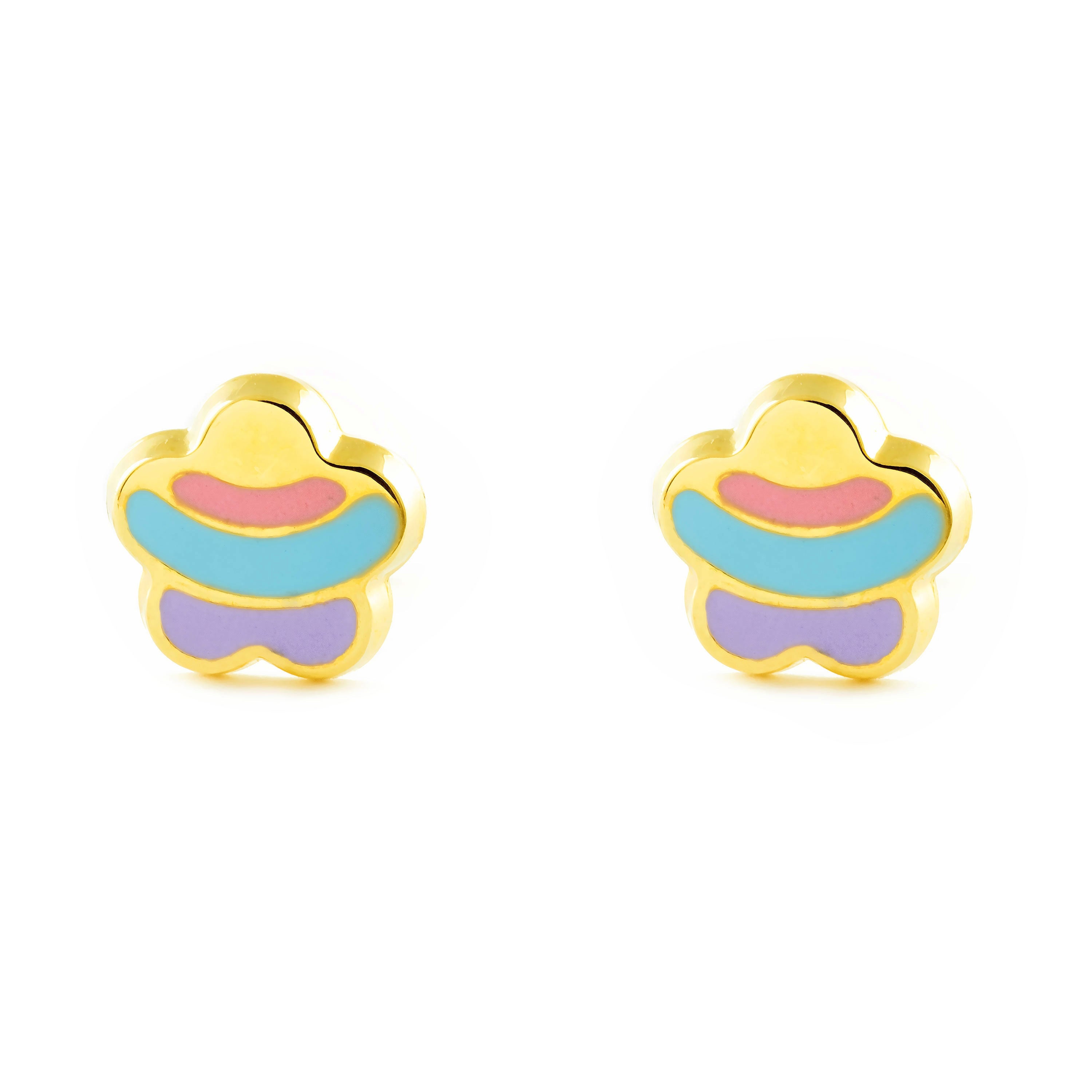 Girl's Earrings 18K Yellow Gold Bright Multicolor Enamel Flower