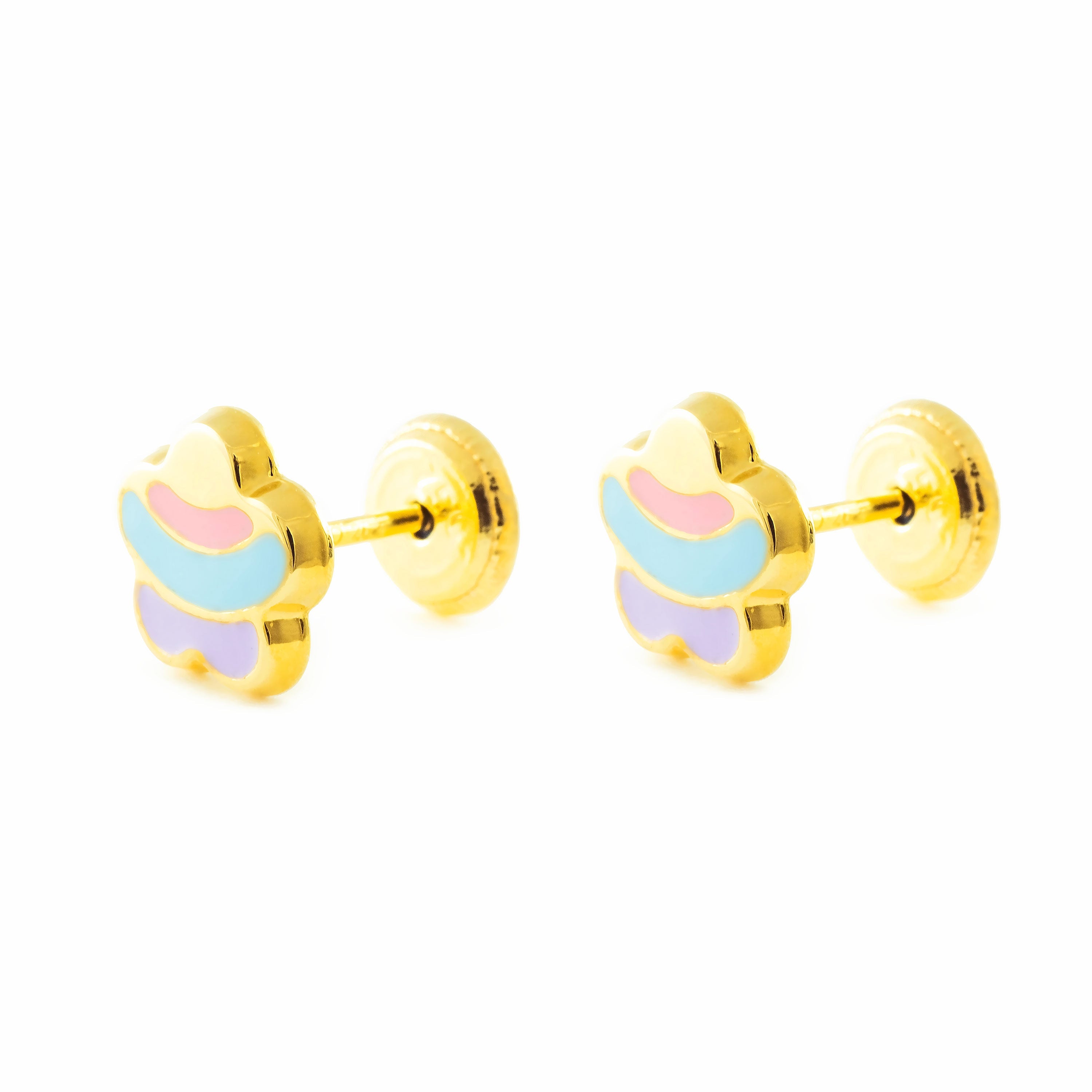 Girl's Earrings 18K Yellow Gold Bright Multicolor Enamel Flower