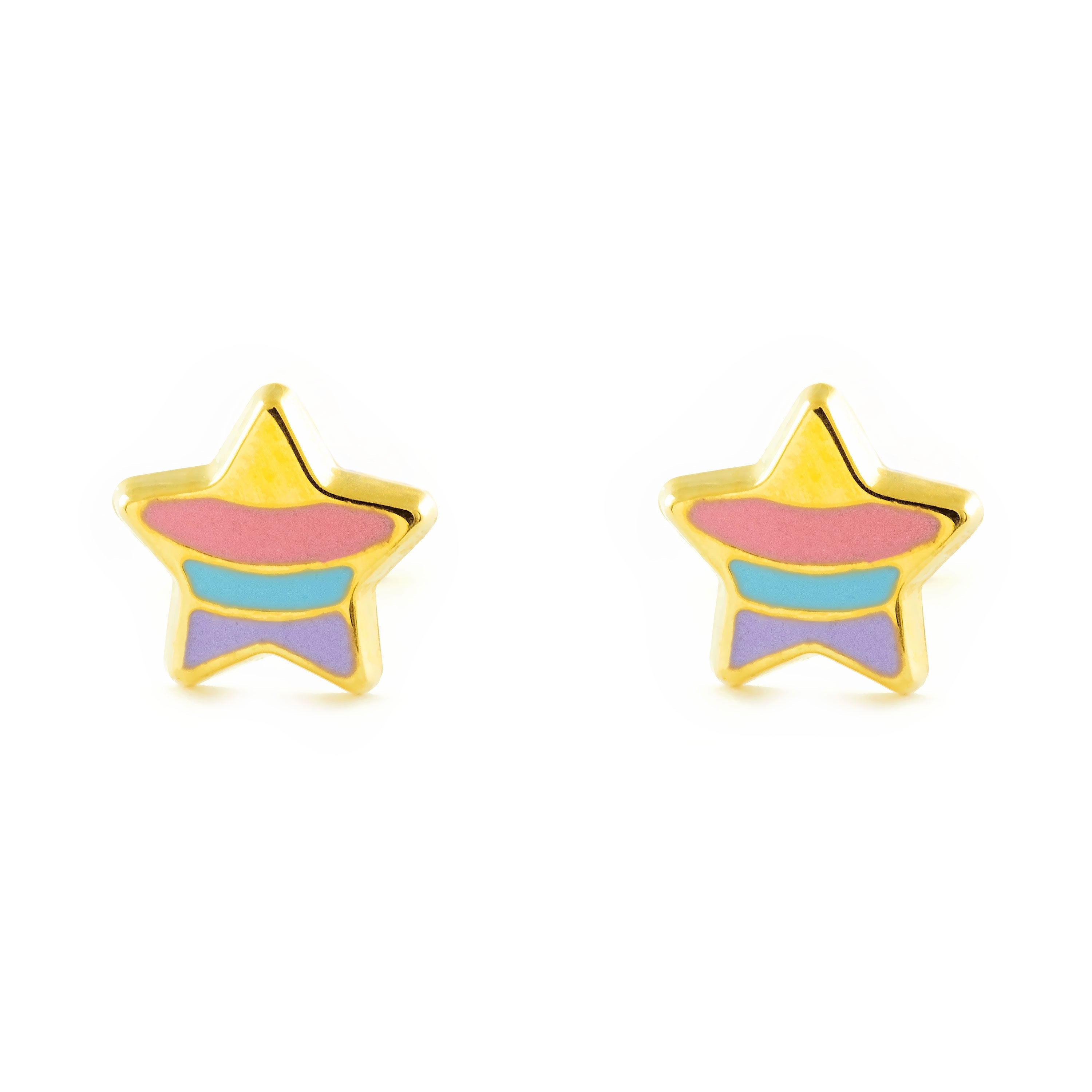 Girl's Earrings 18K Yellow Gold Shiny Multicolor Enamel Star