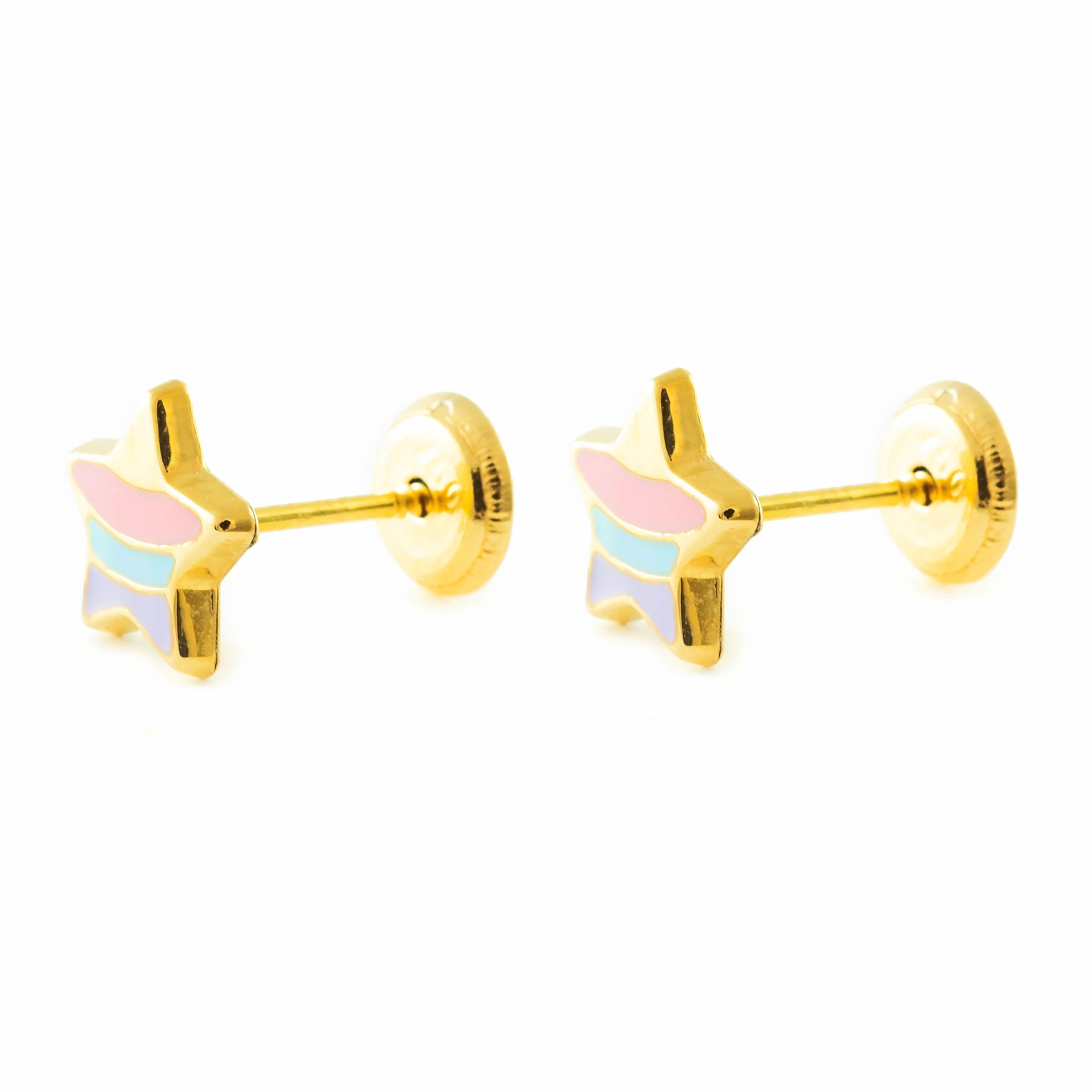 Girl's Earrings 18K Yellow Gold Shiny Multicolor Enamel Star