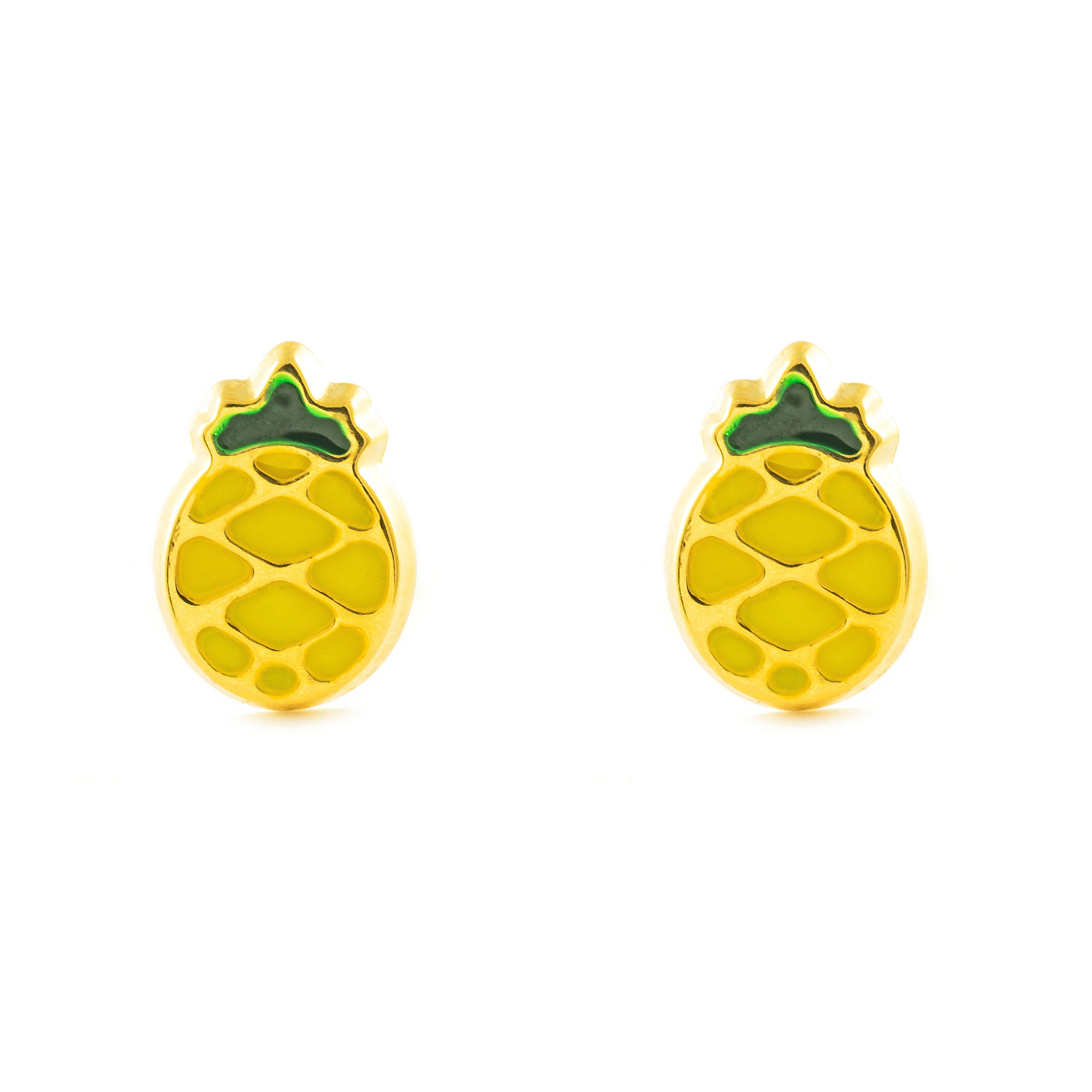 Girl's Earrings 18K Yellow Gold Pineapple Green-Yellow Shiny Enamel