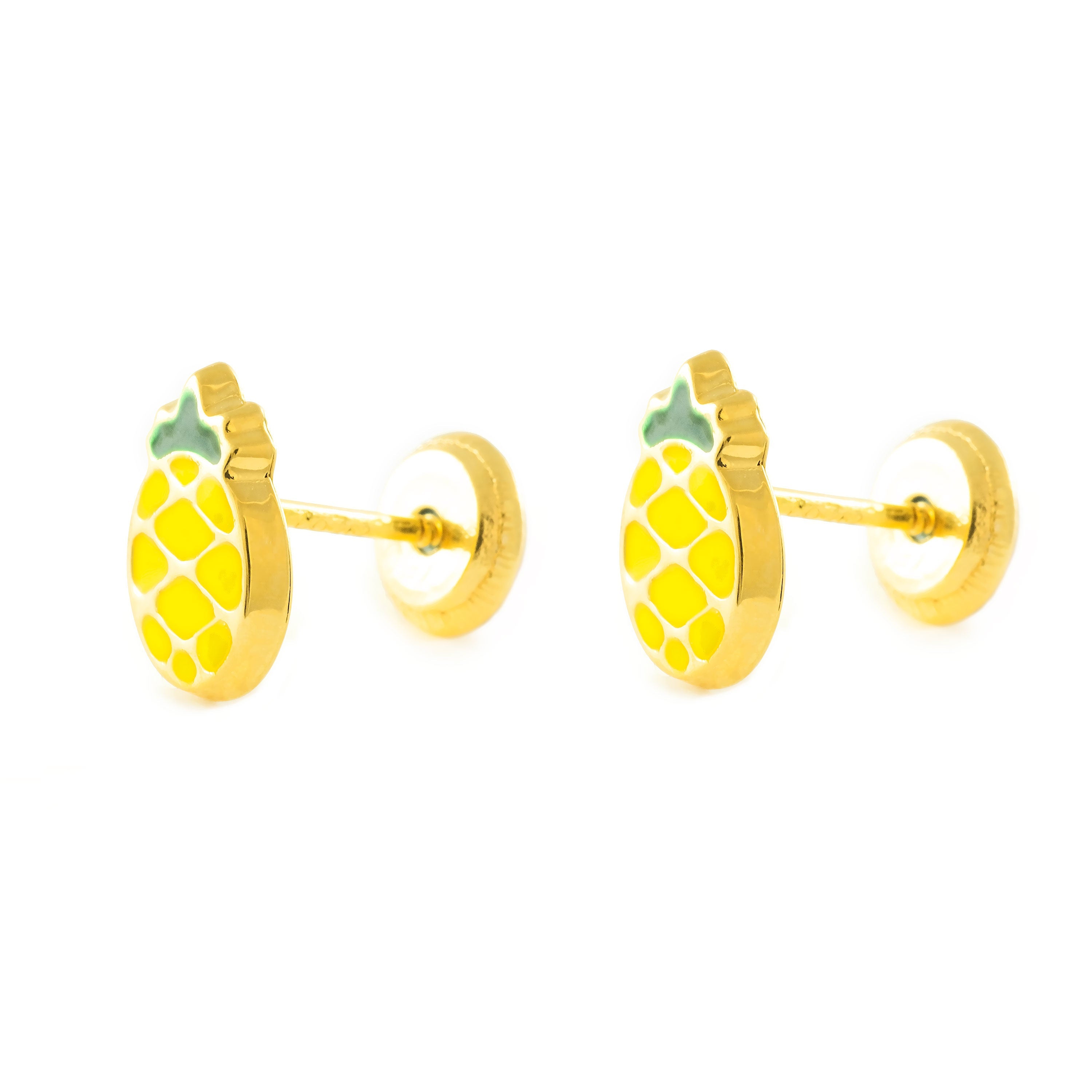 Girl's Earrings 18K Yellow Gold Pineapple Green-Yellow Shiny Enamel