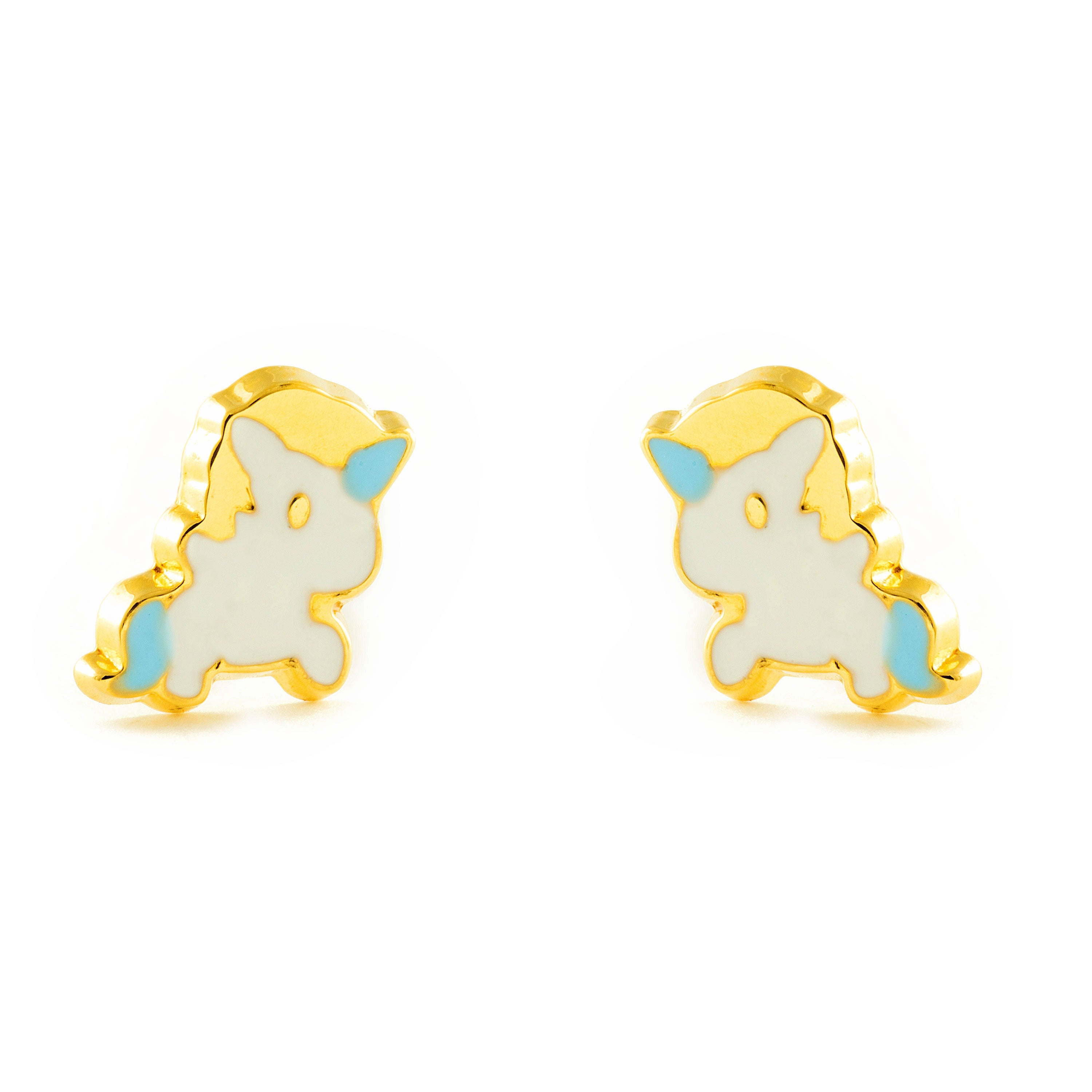 Girl's 18K Yellow Gold Unicorn Earrings with Multicolor Shiny Enamel