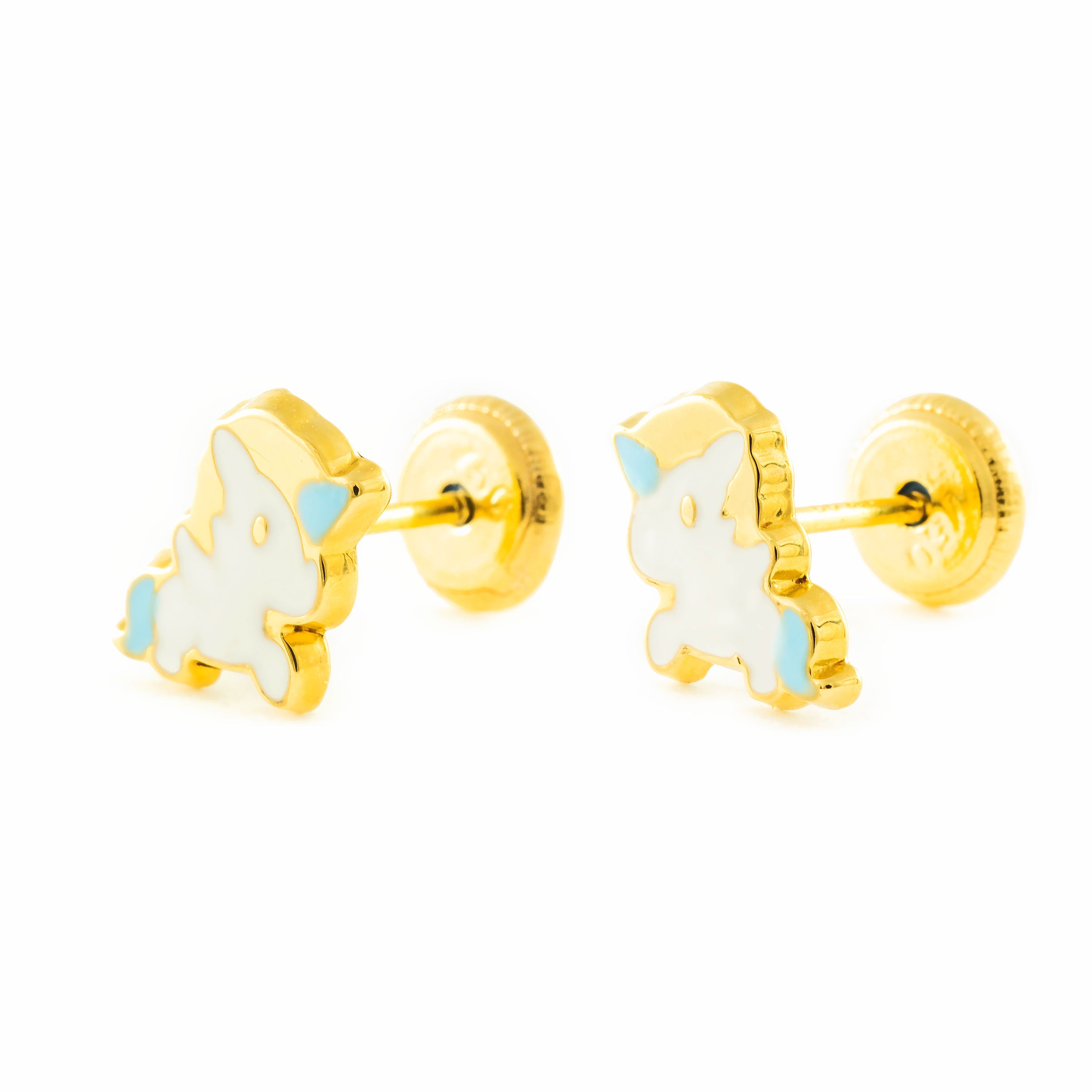 Girl's 18K Yellow Gold Unicorn Earrings with Multicolor Shiny Enamel