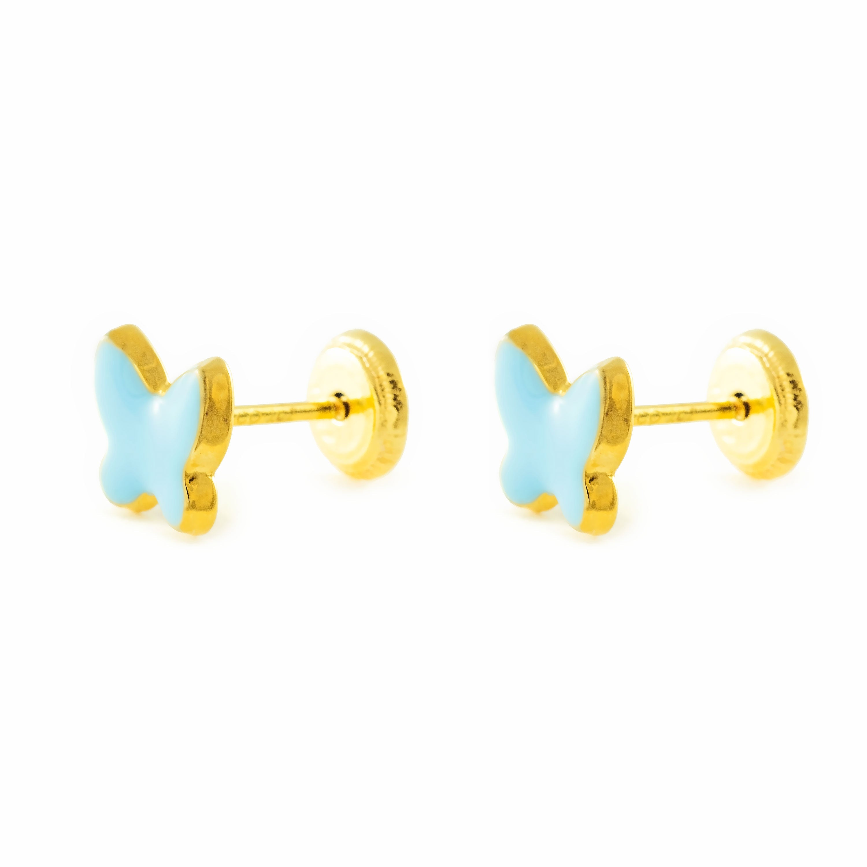 9K Yellow Gold Girl's Earrings Shiny Enamel Butterfly