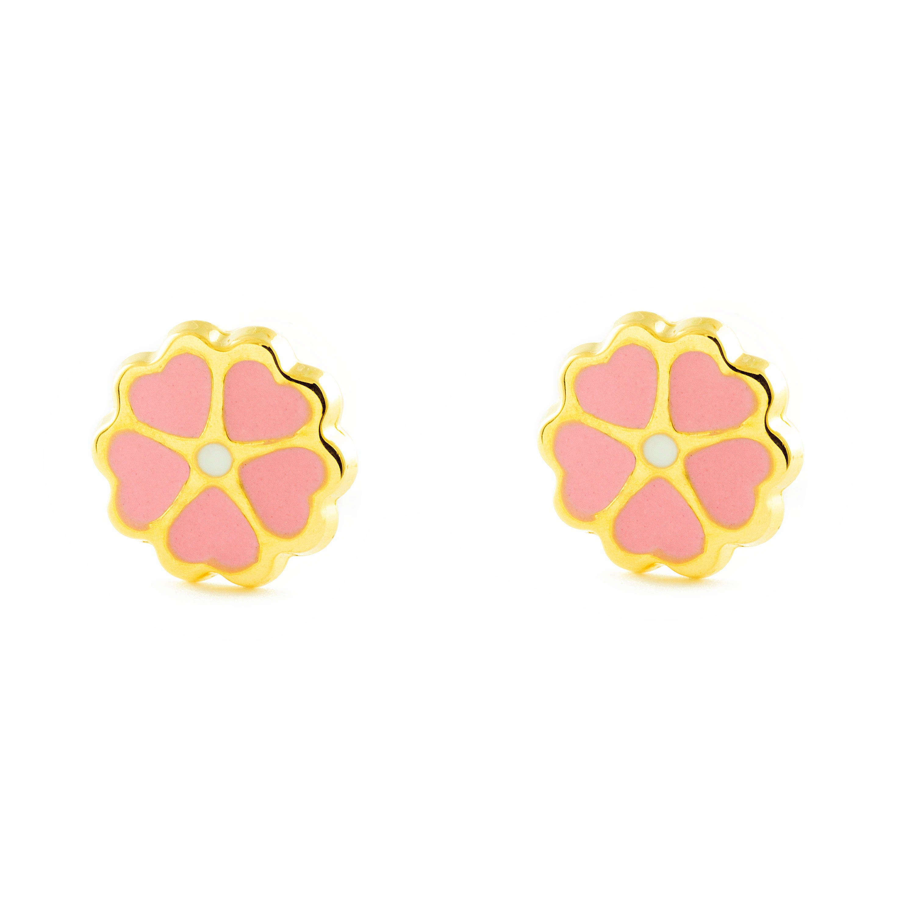 Girl's Earrings 9K Yellow Gold Shiny Enamel Flower