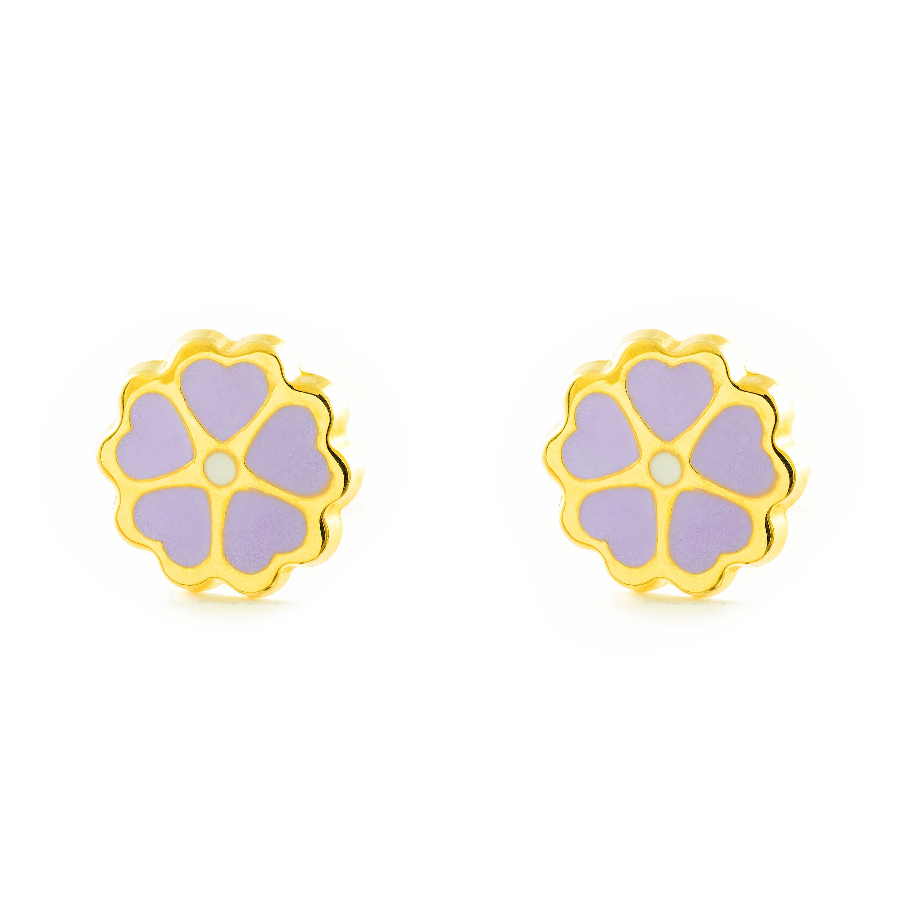 Girl's Earrings 9K Yellow Gold Shiny Enamel Flower