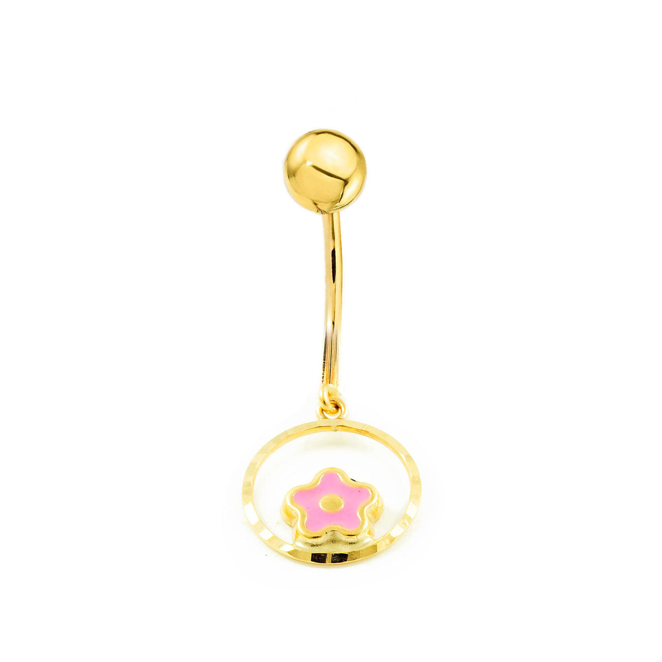 9K Yellow Gold Navel Piercing with Shiny Pink Flower Enamel