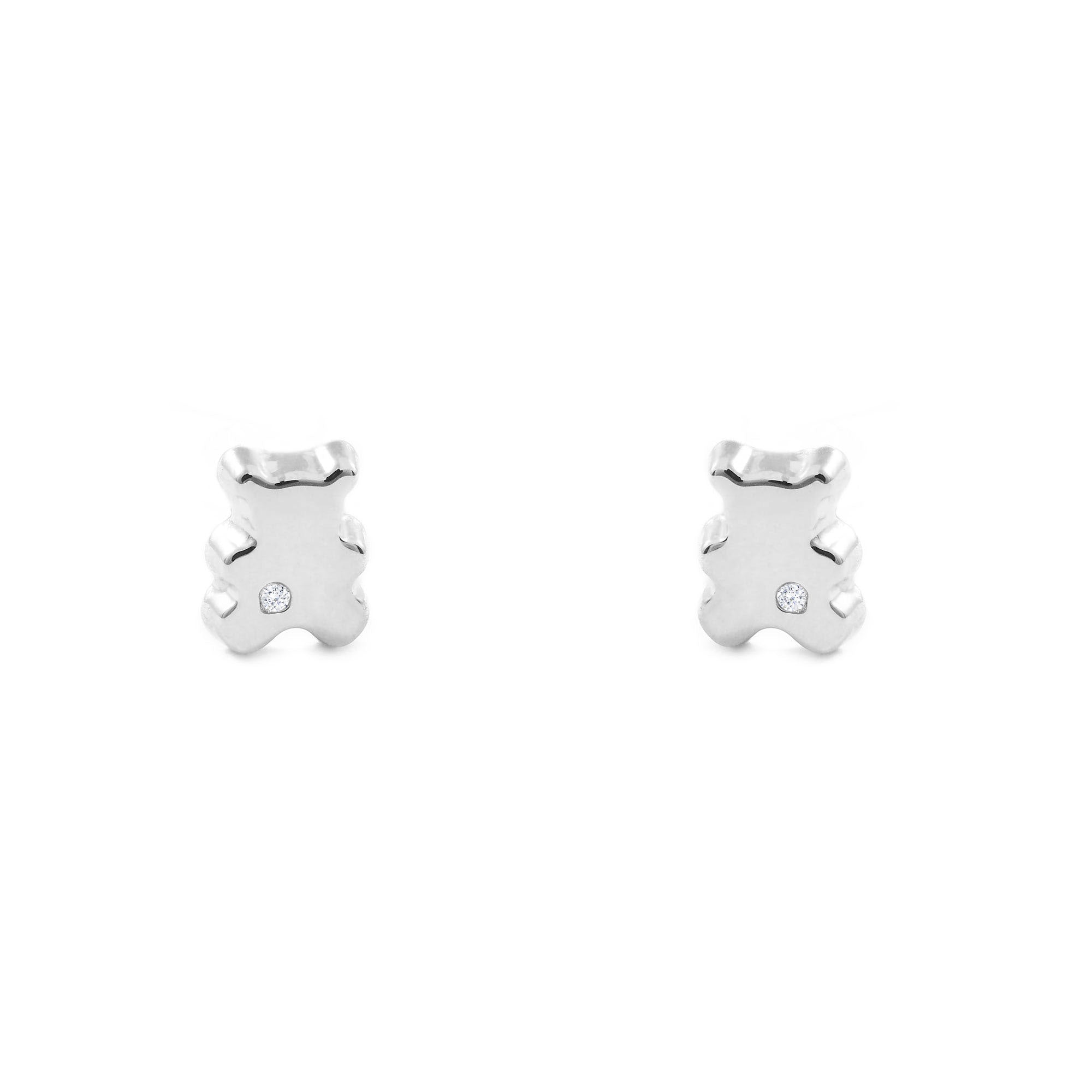 Baby-Girl Earrings 9K White Gold Shiny Zirconia Bear