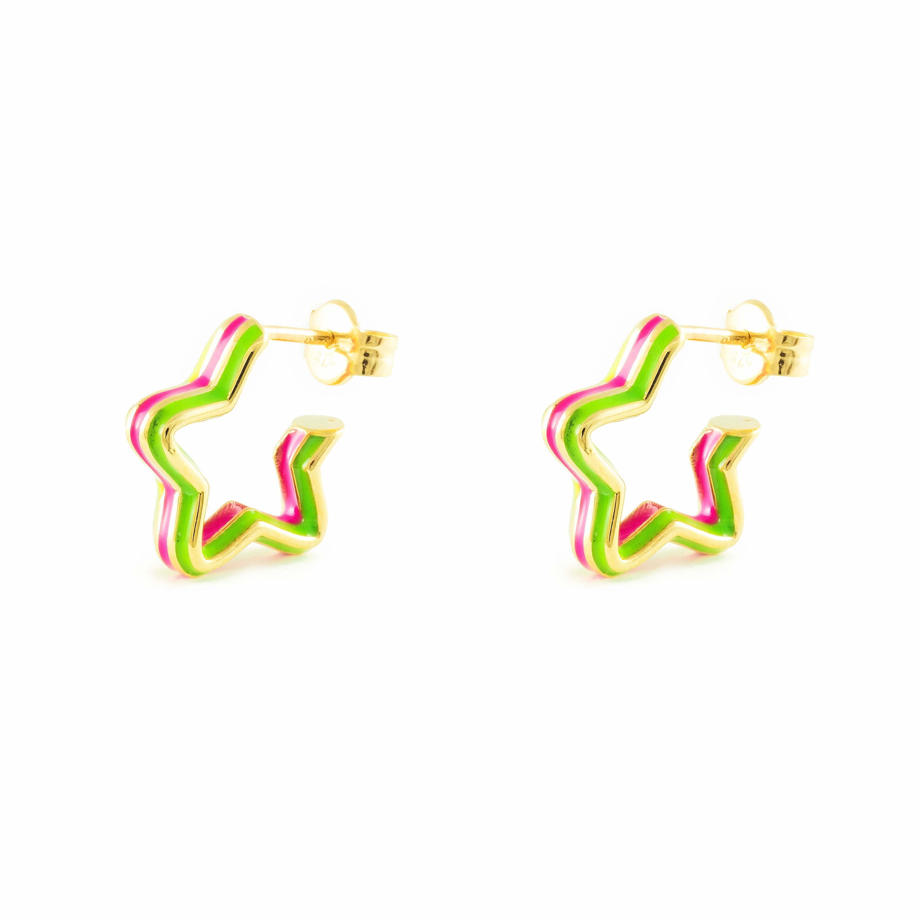 Pendientes Oro Amarillo 9K Aros Estrella Multicolor Brillo 12 x 3 mm