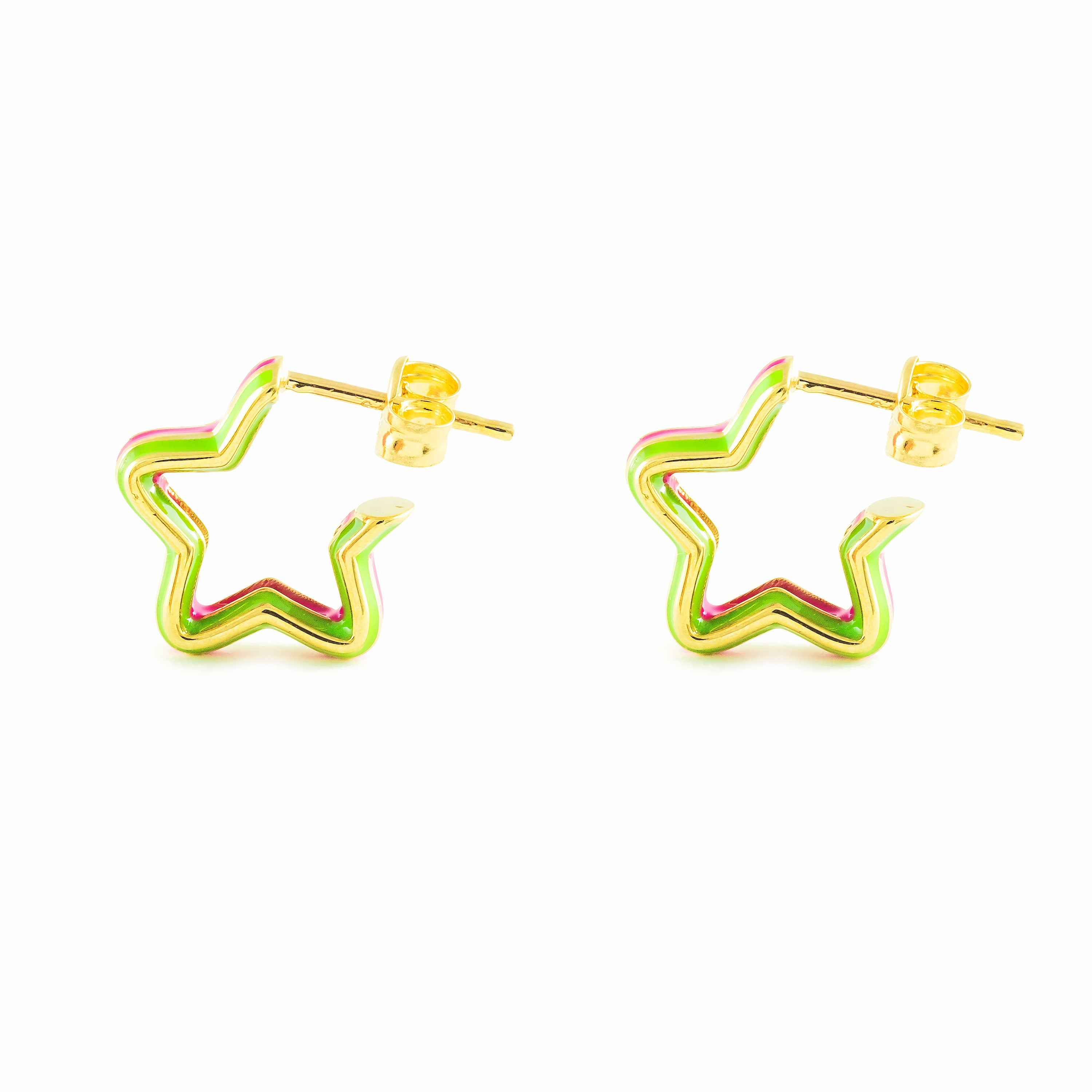 9K Yellow Gold Earrings Multicolor Shiny Star Hoops 12 x 3 mm