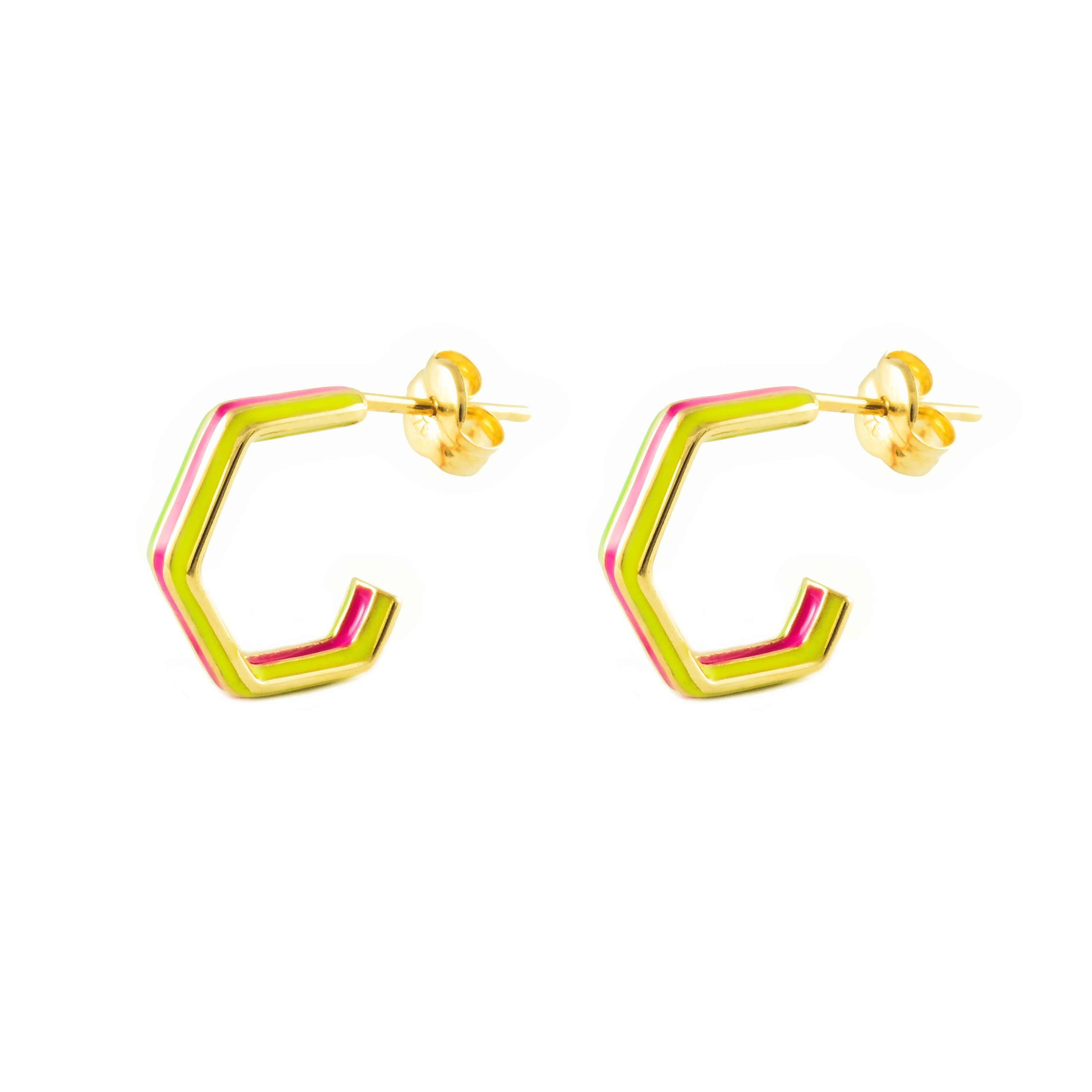 9K Yellow Gold Earrings Shiny Multicolor Hexagon Hoops 11.5 x 3 mm