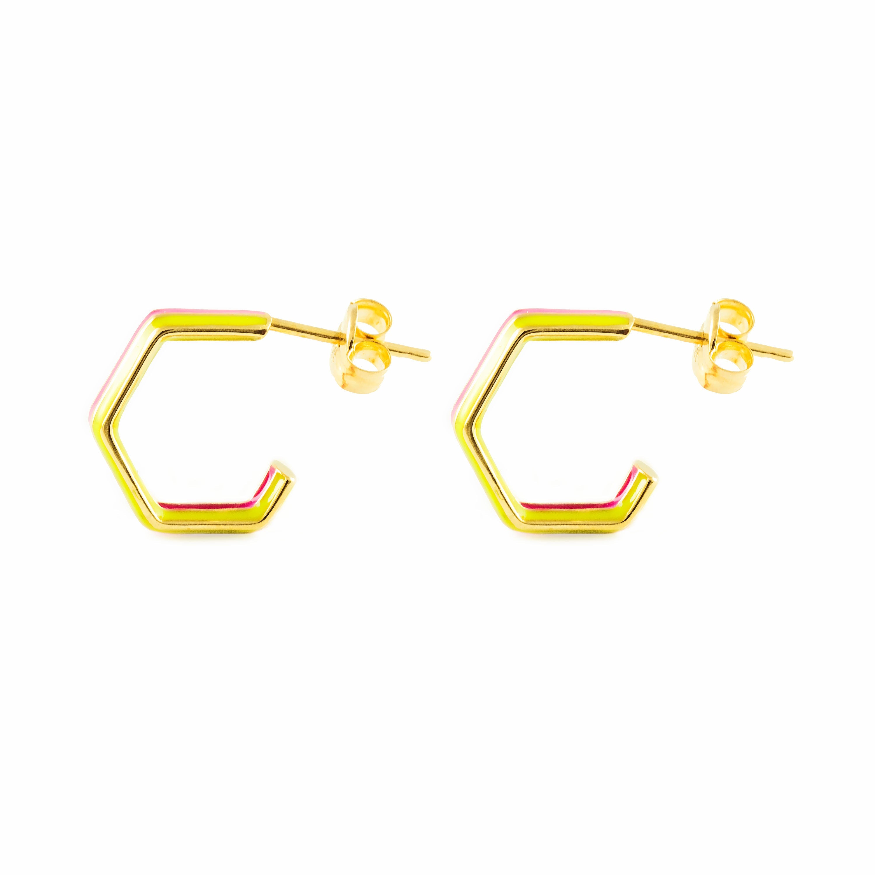 9K Yellow Gold Earrings Shiny Multicolor Hexagon Hoops 11.5 x 3 mm