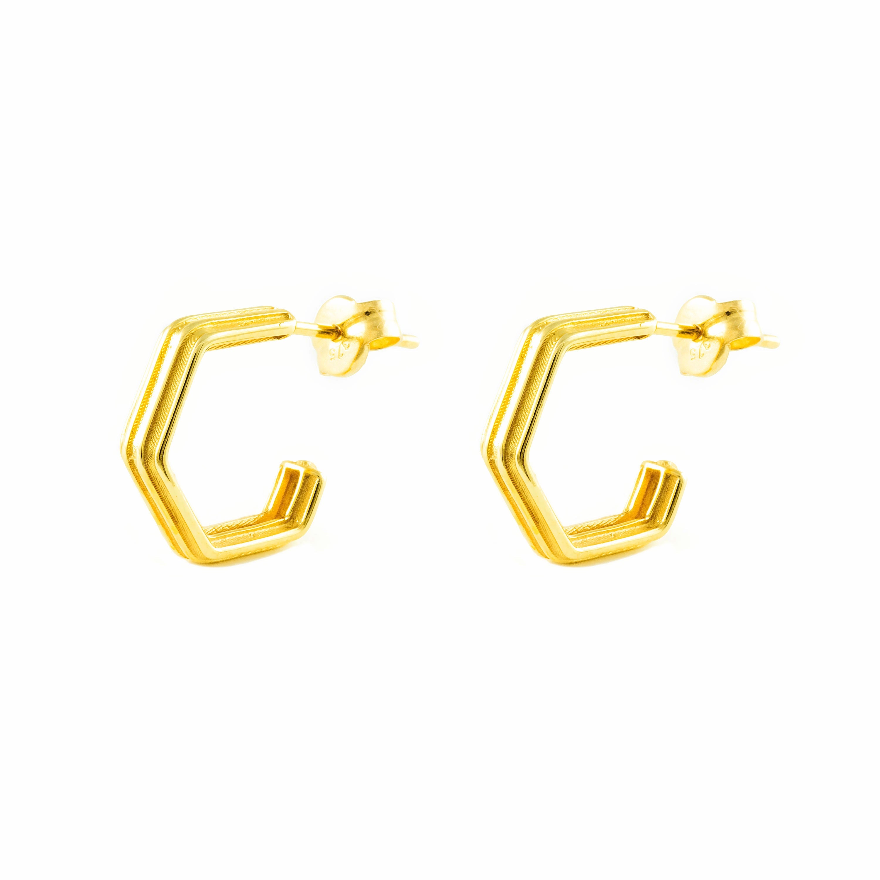 9K Yellow Gold Earrings Matte and Shiny Hexagon Hoops 11.5 x 3 mm