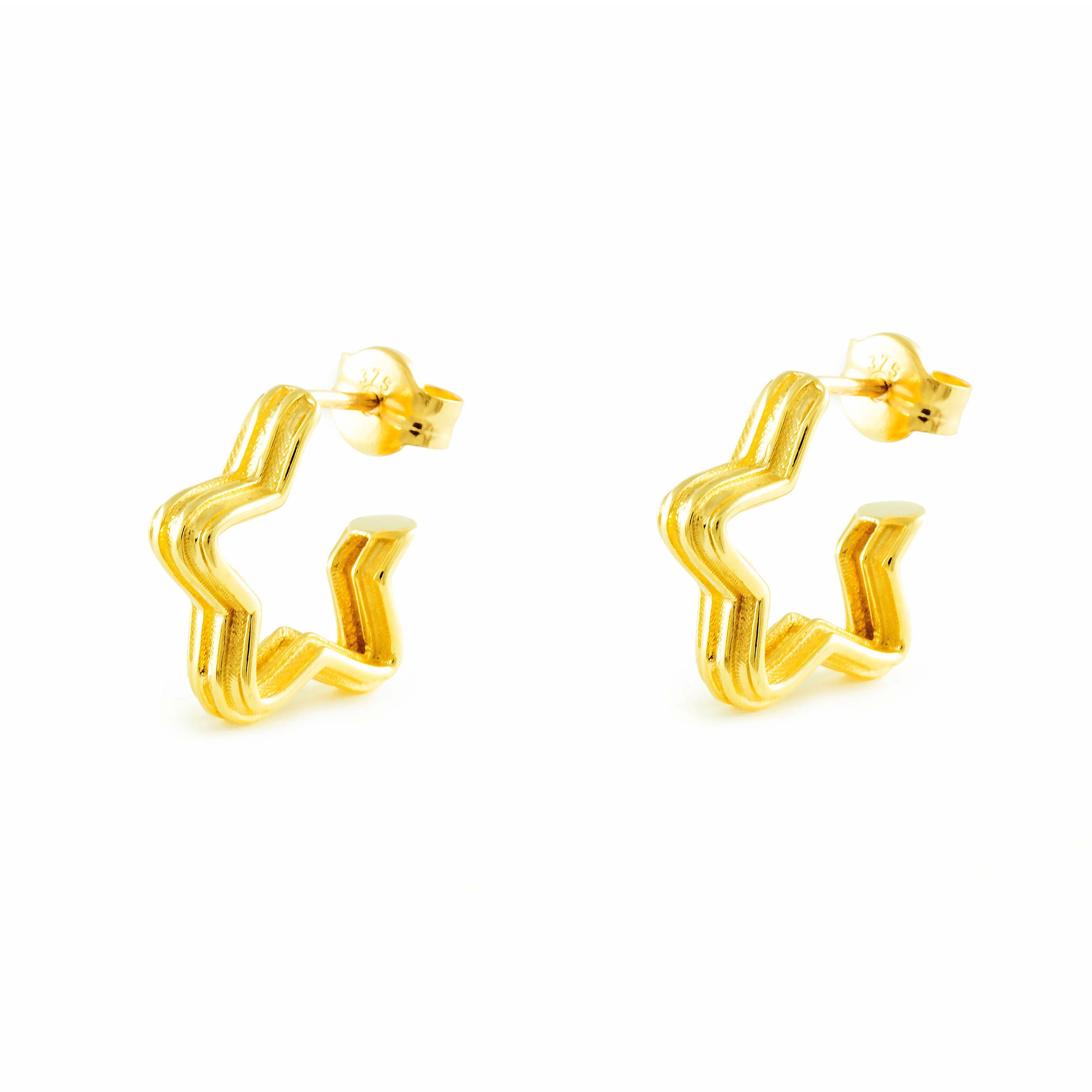 9K Yellow Gold Earrings Matte and Shiny Star Hoops 12 x 3 mm