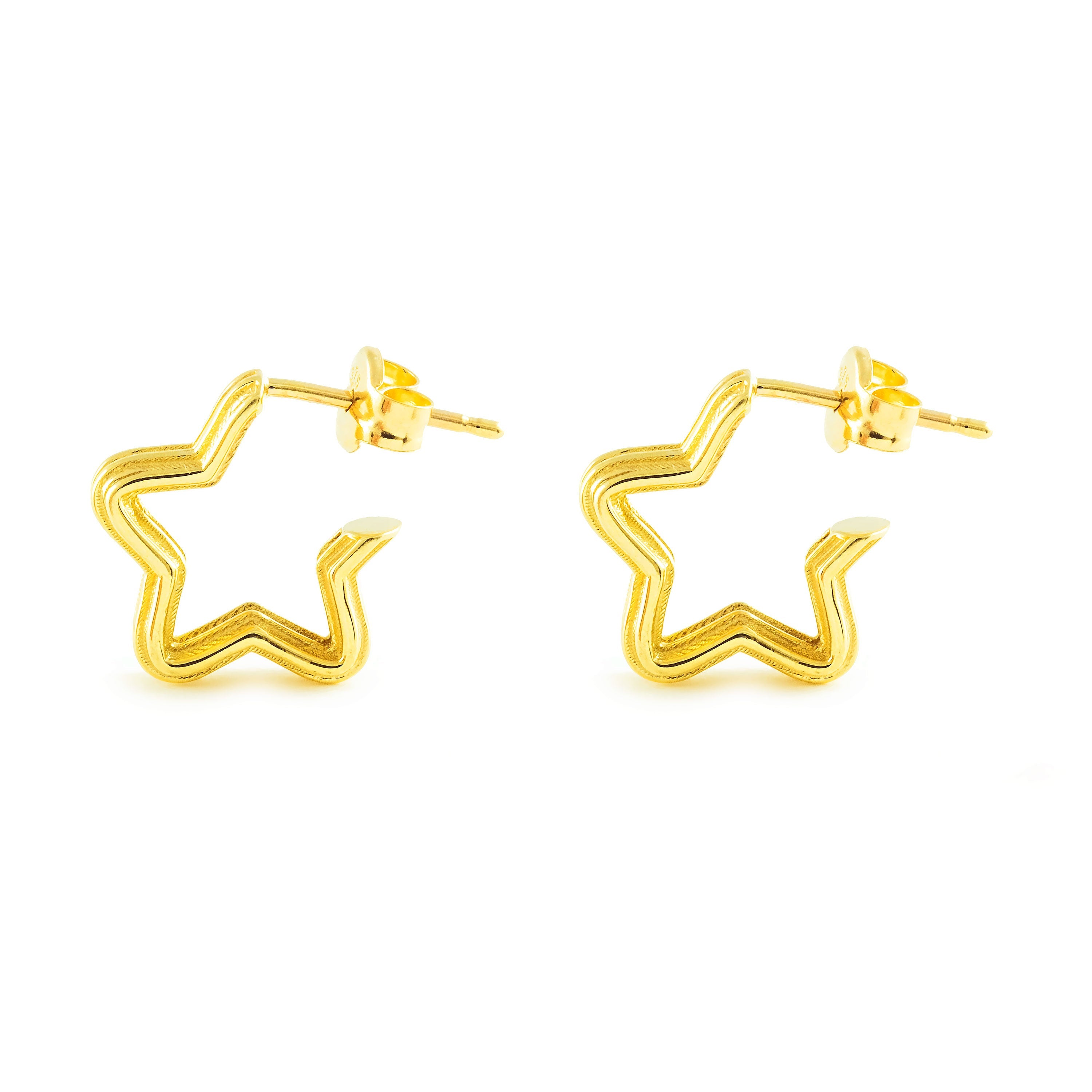 9K Yellow Gold Earrings Matte and Shiny Star Hoops 12 x 3 mm