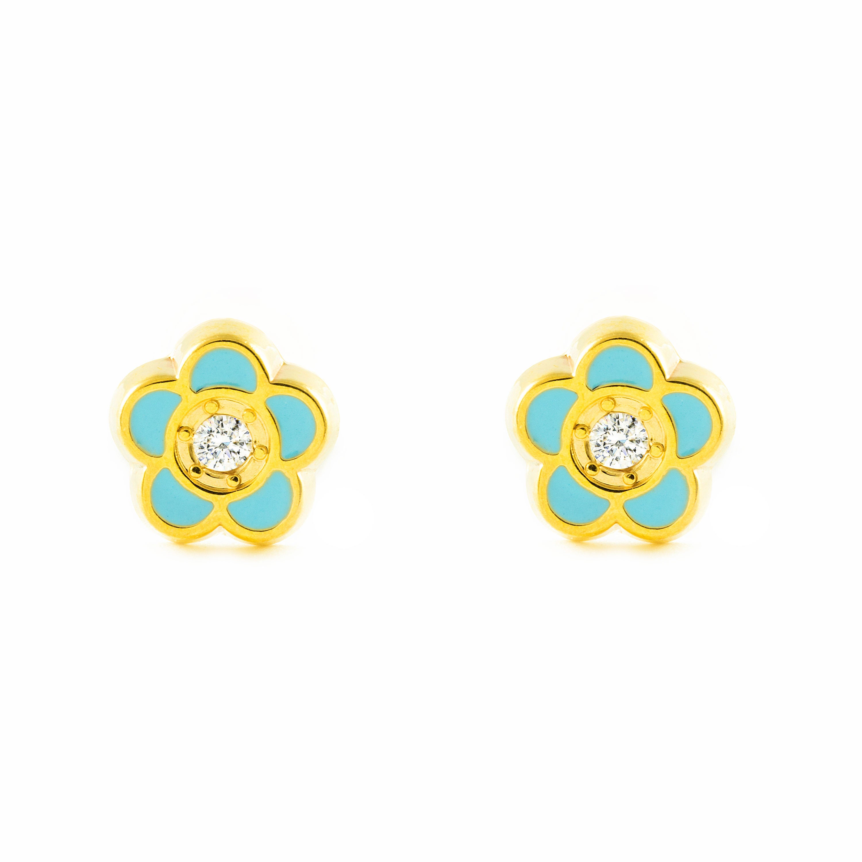 Girl's Earrings 9K Yellow Gold Flower Enamel Shiny Zirconia