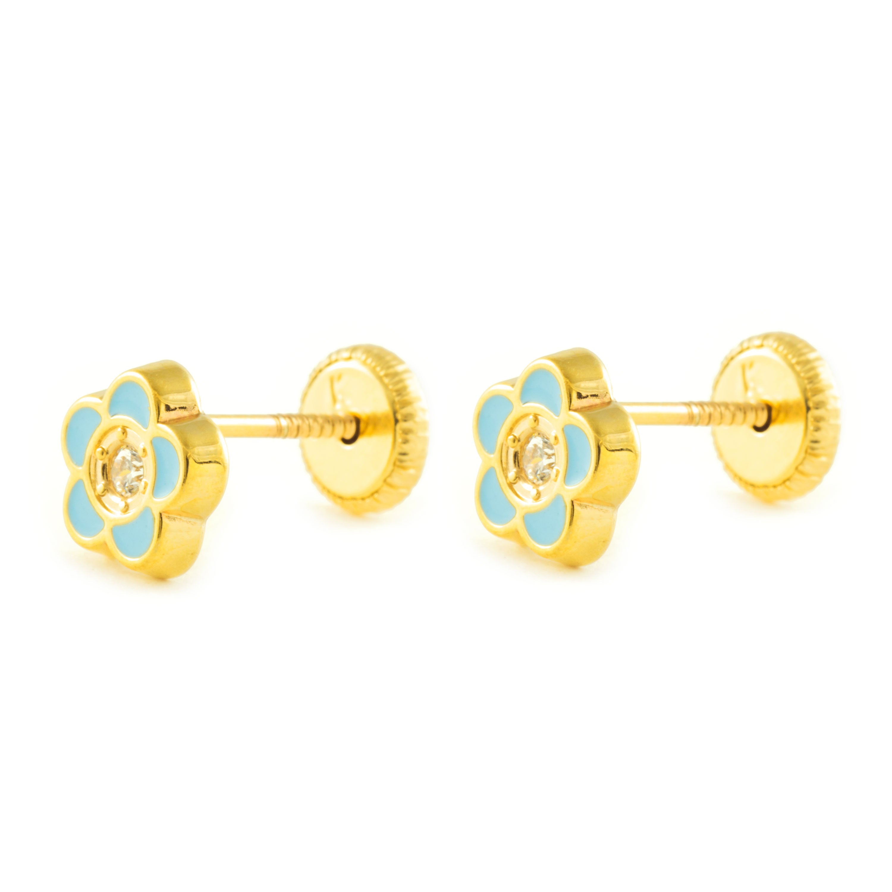 Girl's Earrings 9K Yellow Gold Flower Enamel Shiny Zirconia