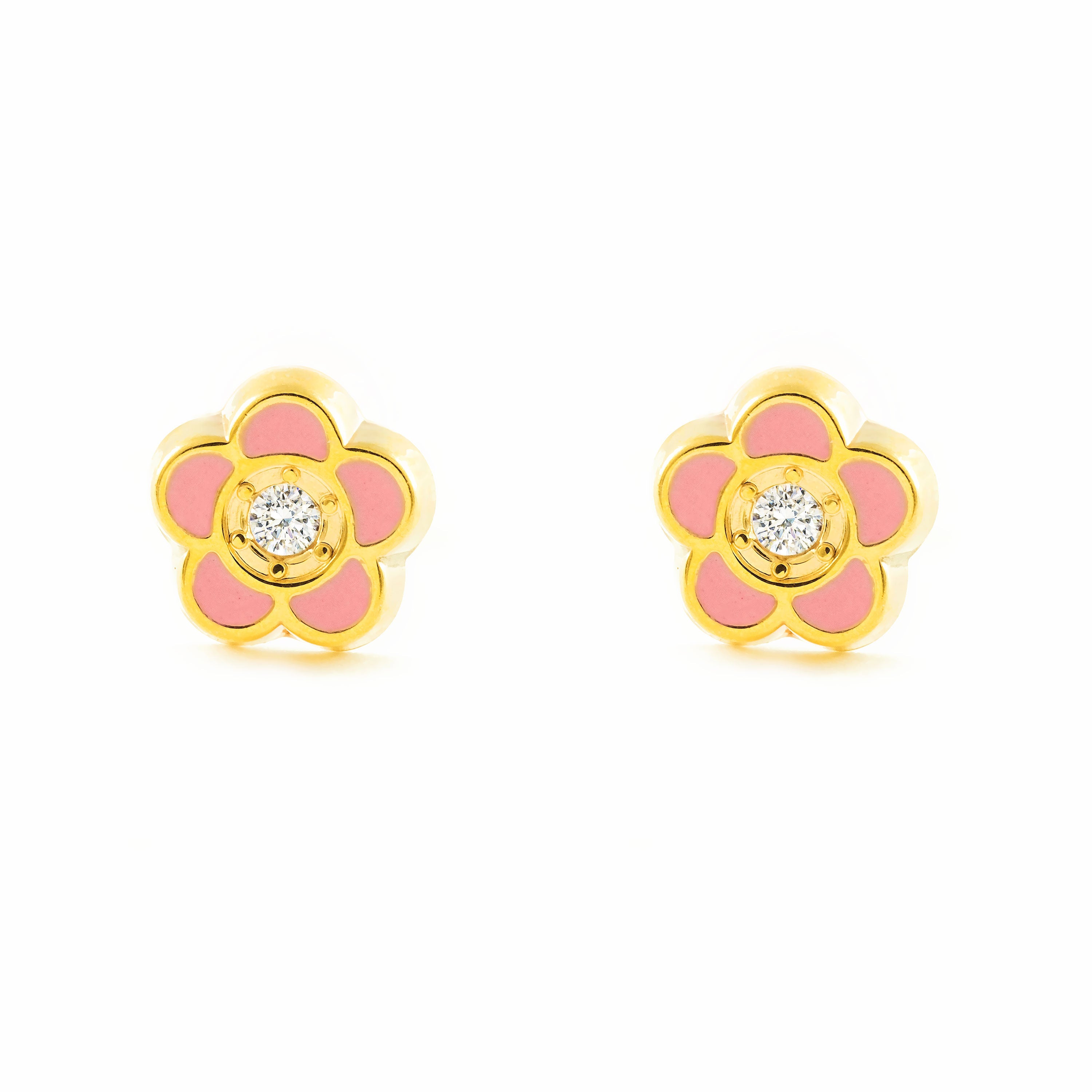 Girl's Earrings 9K Yellow Gold Flower Enamel Shiny Zirconia