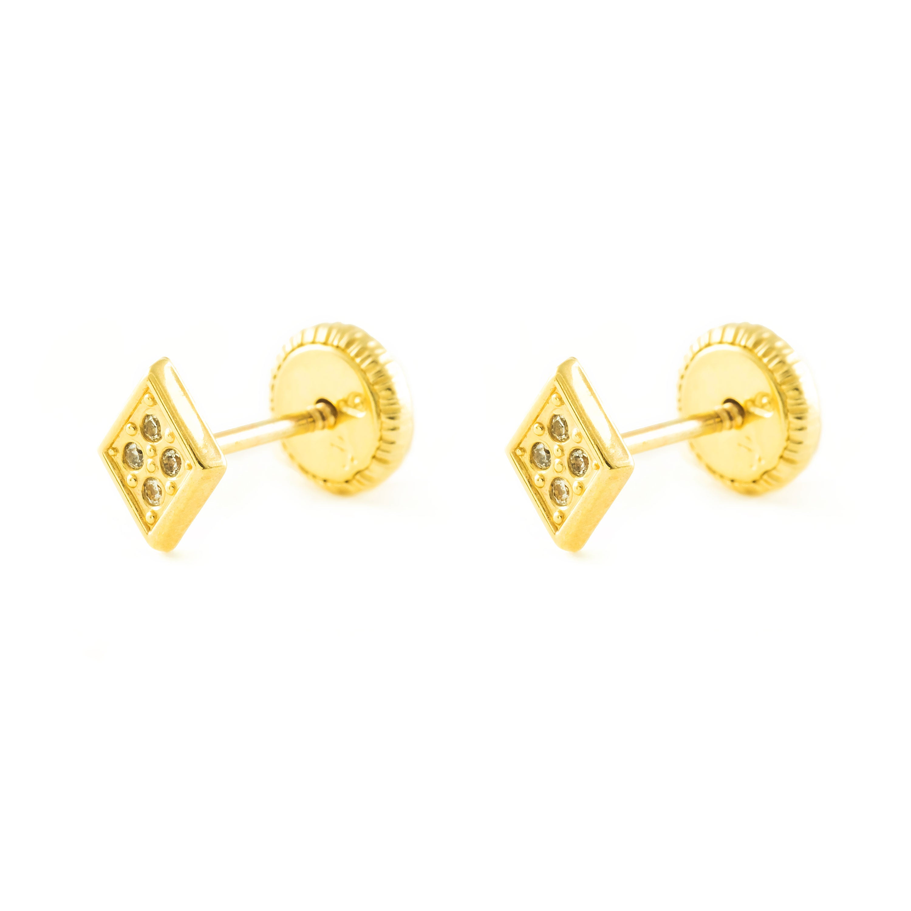 Women's-Girl's Earrings 9K Yellow Gold Rhombus Shiny Zirconia