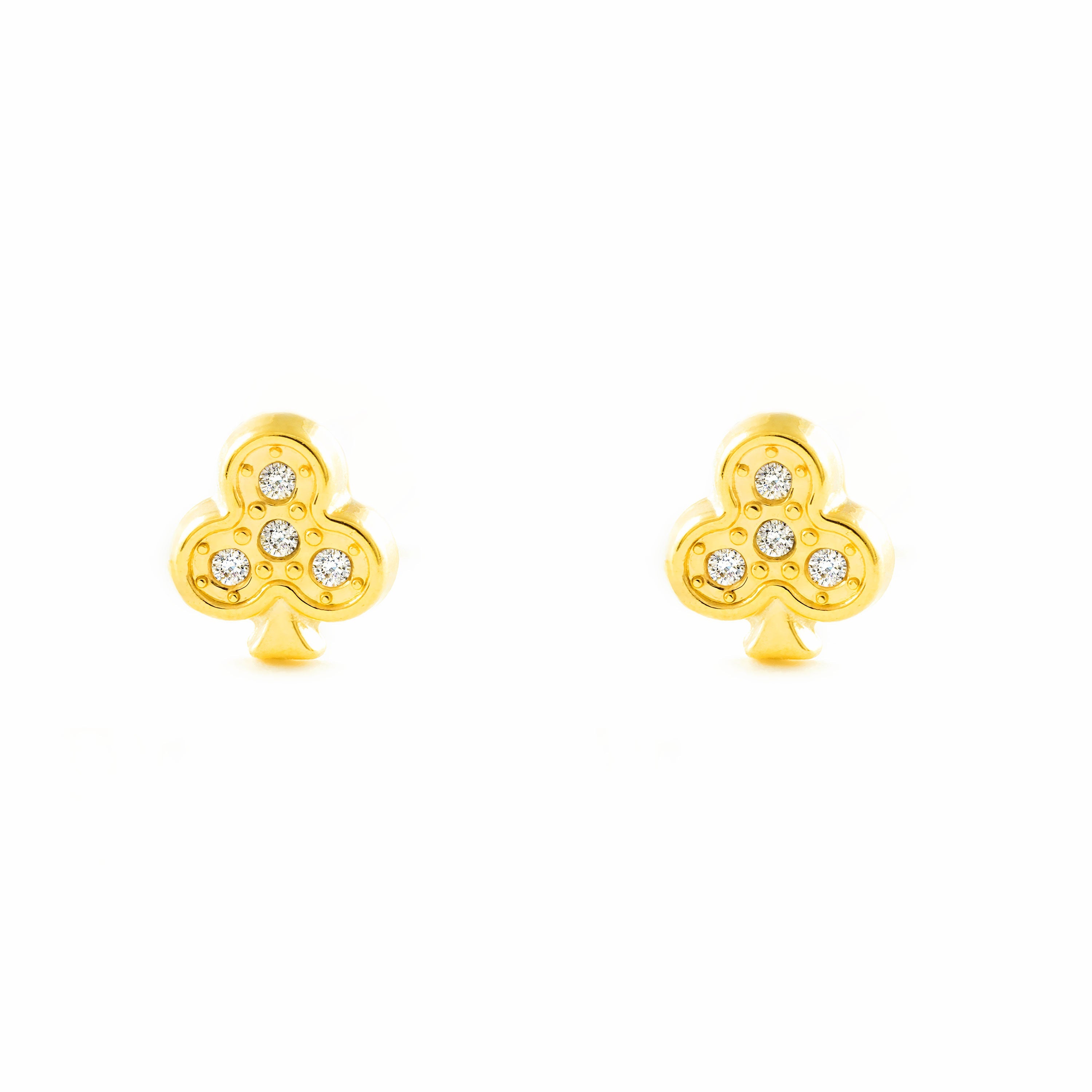 Women's-Girl's Earrings 9K Yellow Gold Clover Shiny Zirconia