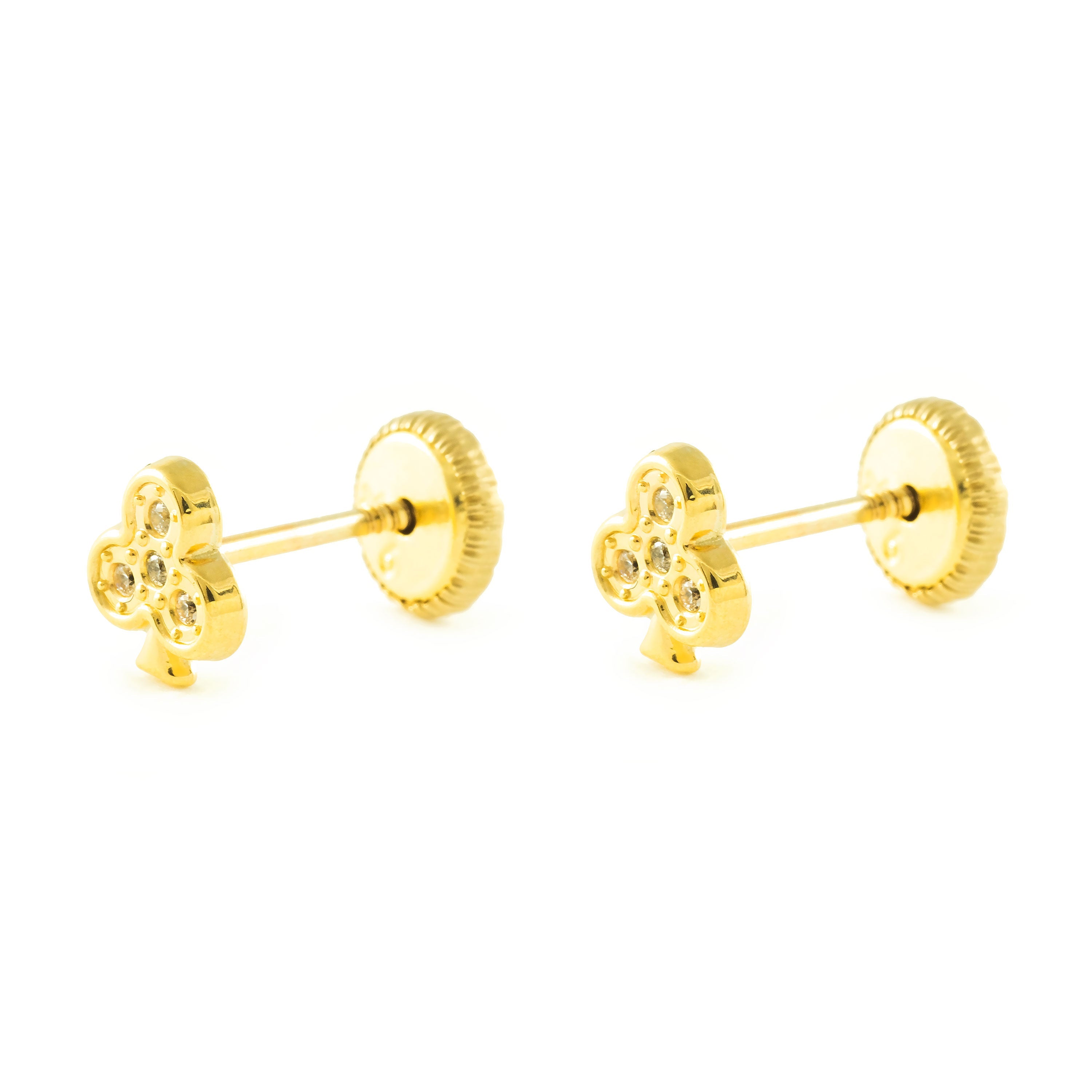 Women's-Girl's Earrings 9K Yellow Gold Clover Shiny Zirconia