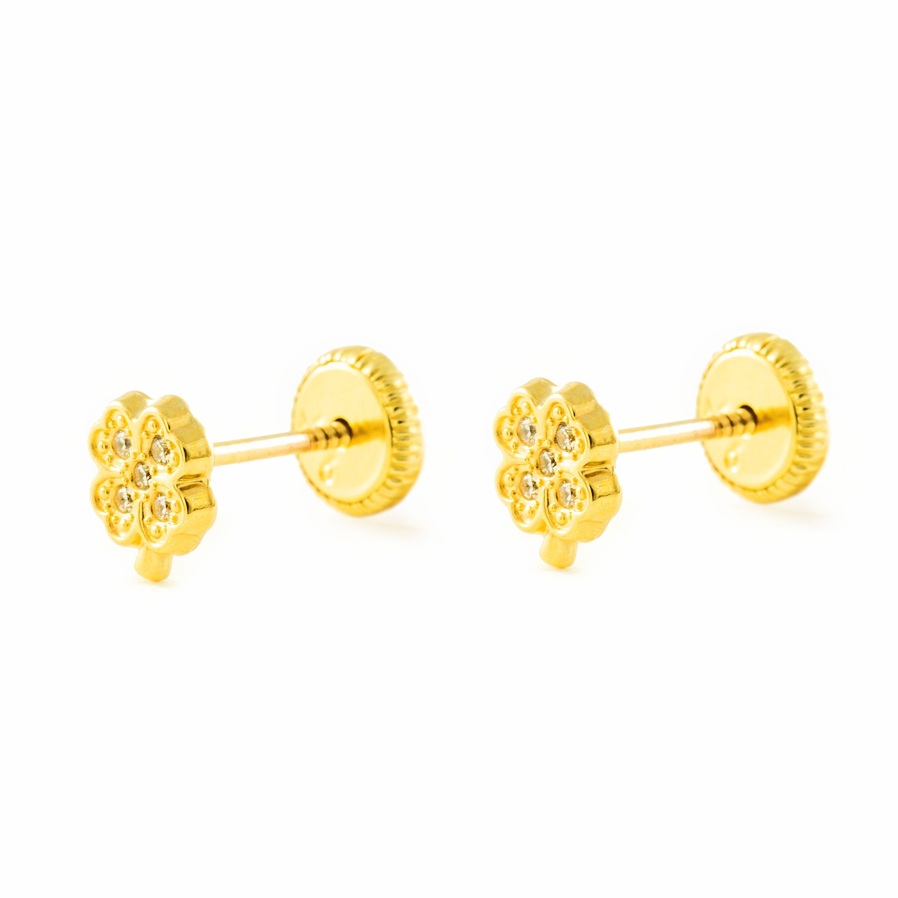 Women's-Girl's Earrings 9K Yellow Gold Four-leaf Shiny Zirconia