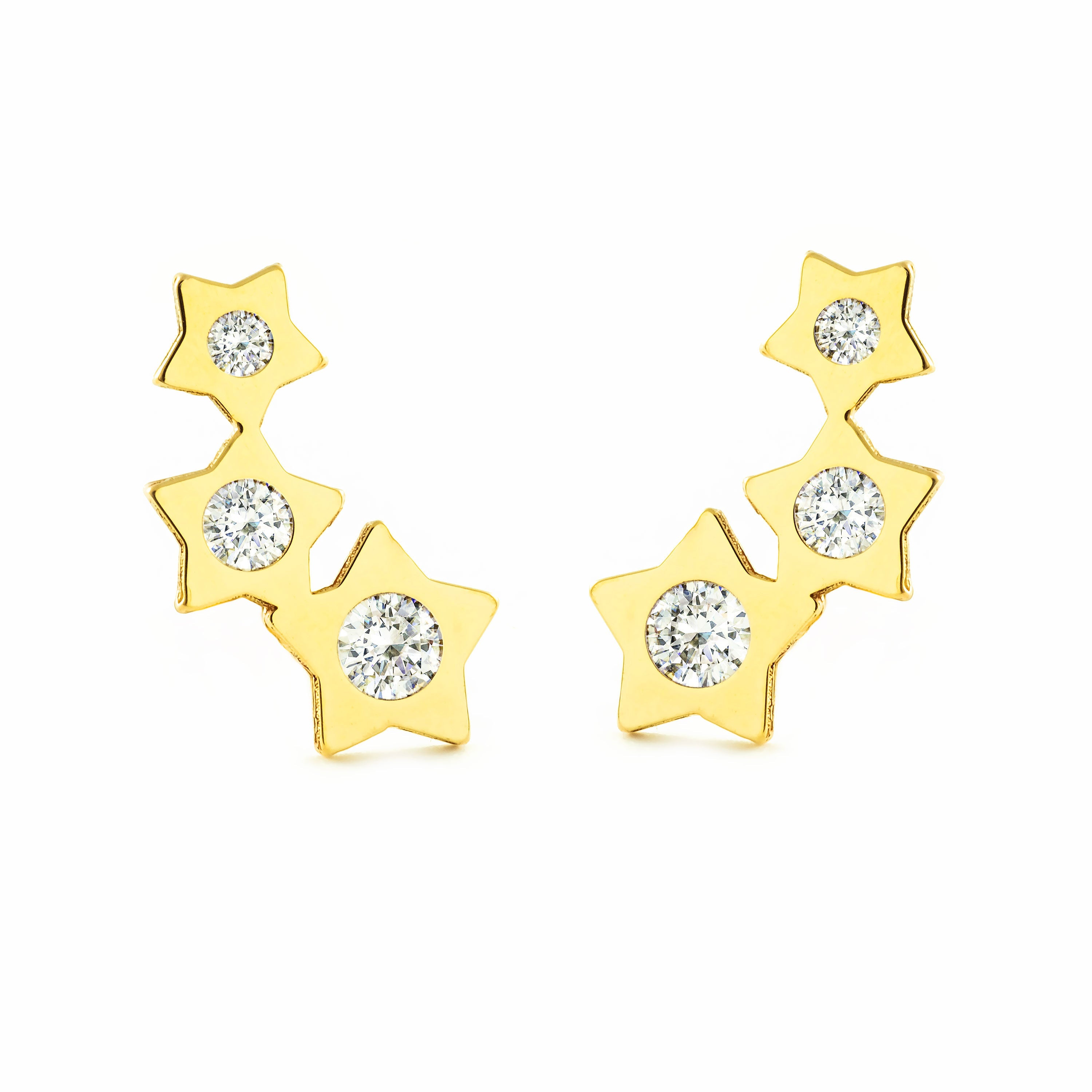 Women's-Girl's Earrings 9K Yellow Gold Climbing Shiny Zirconia Stars