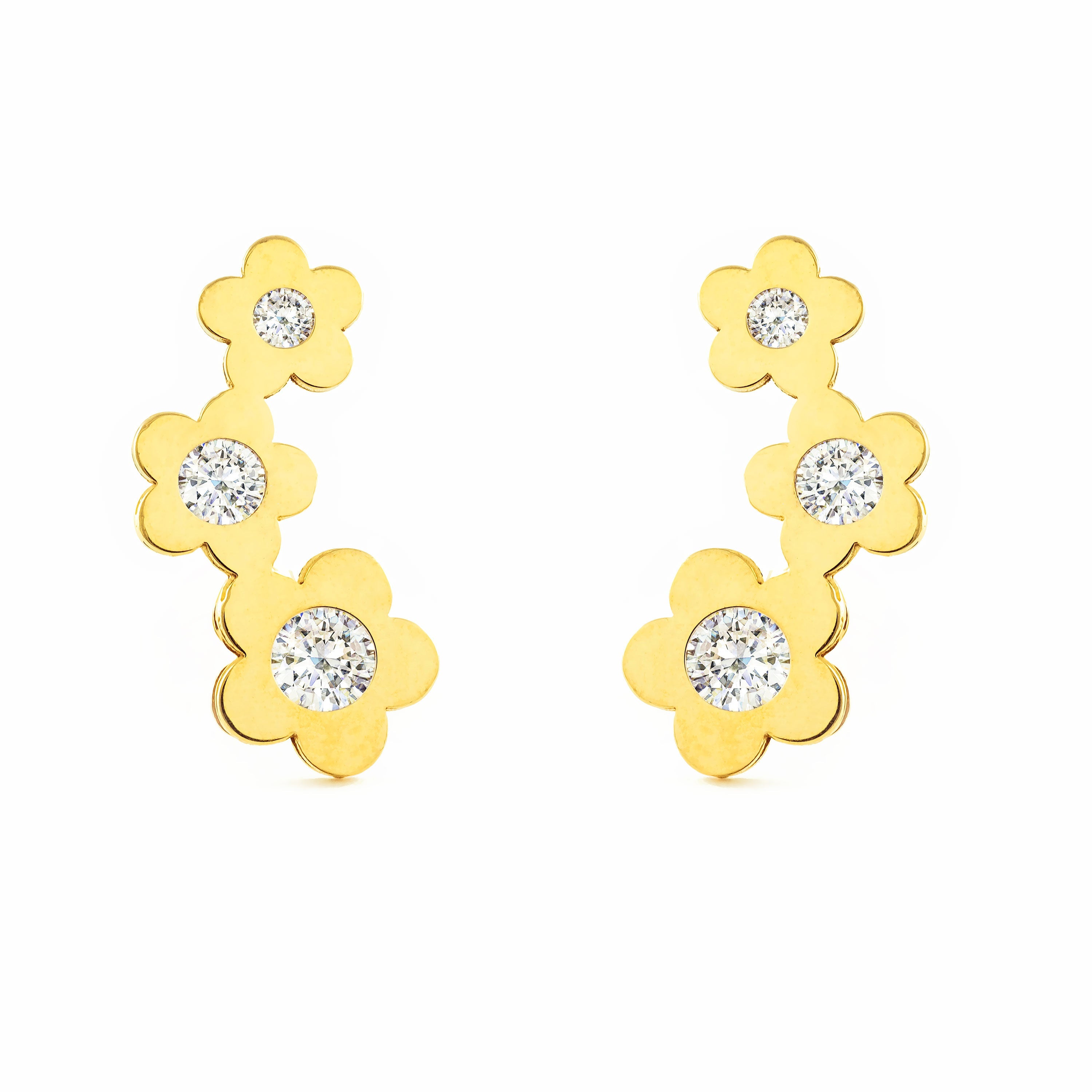 Women's-Girl's Earrings 9K Yellow Gold Climbing Flowers Shiny Zircons