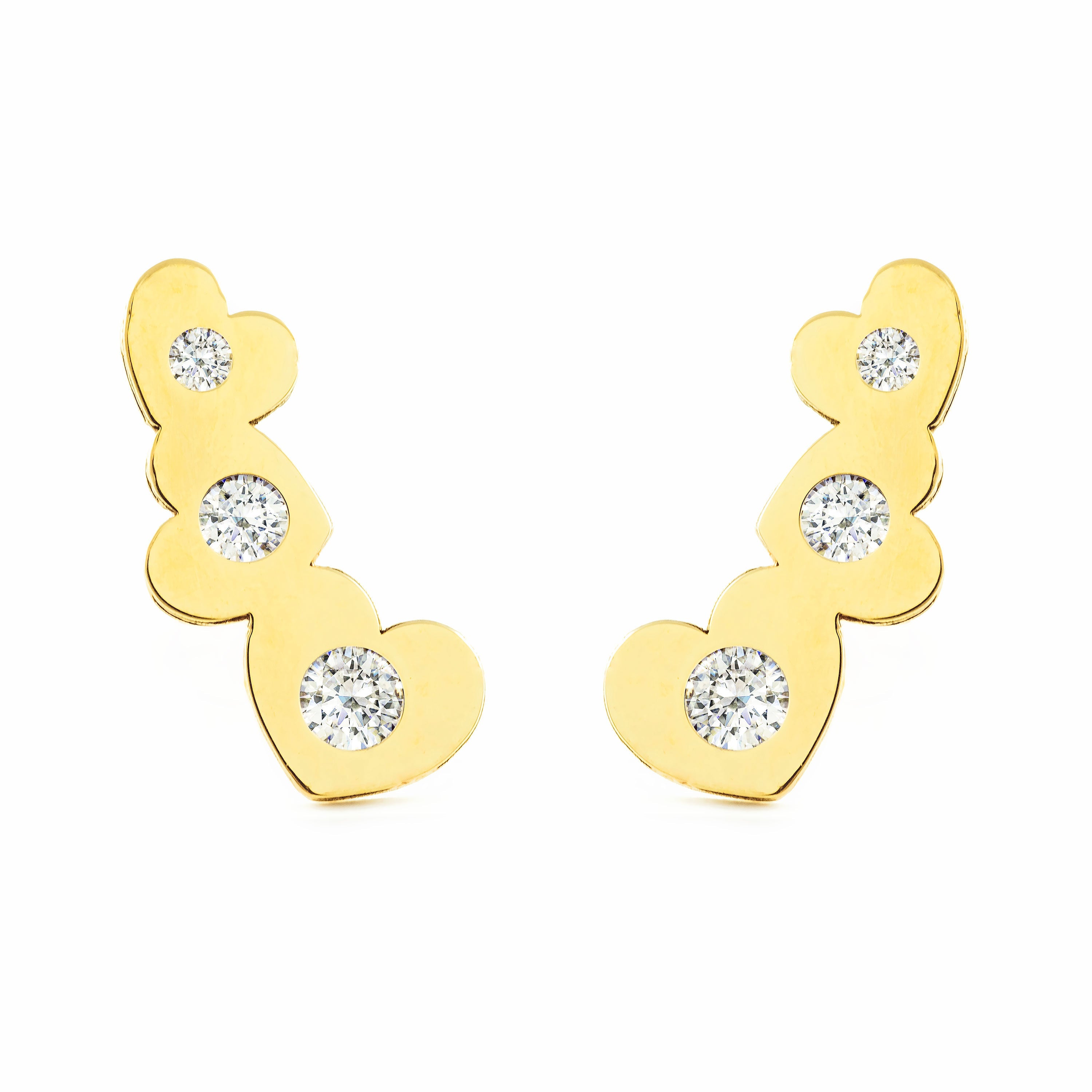 Women's-Girl's Earrings 9K Yellow Gold Climbing Hearts Shiny Zirconia