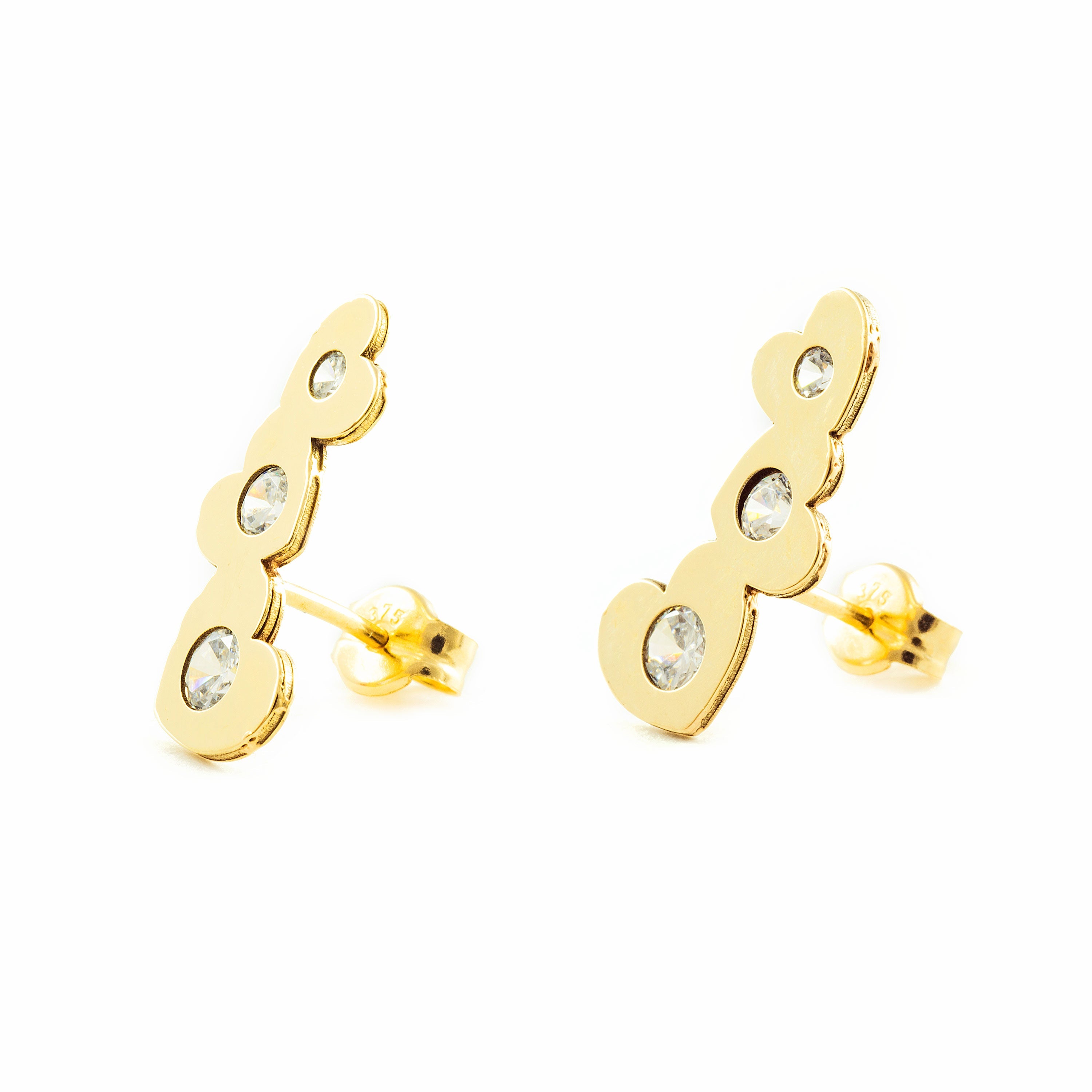 Women's-Girl's Earrings 9K Yellow Gold Climbing Hearts Shiny Zirconia