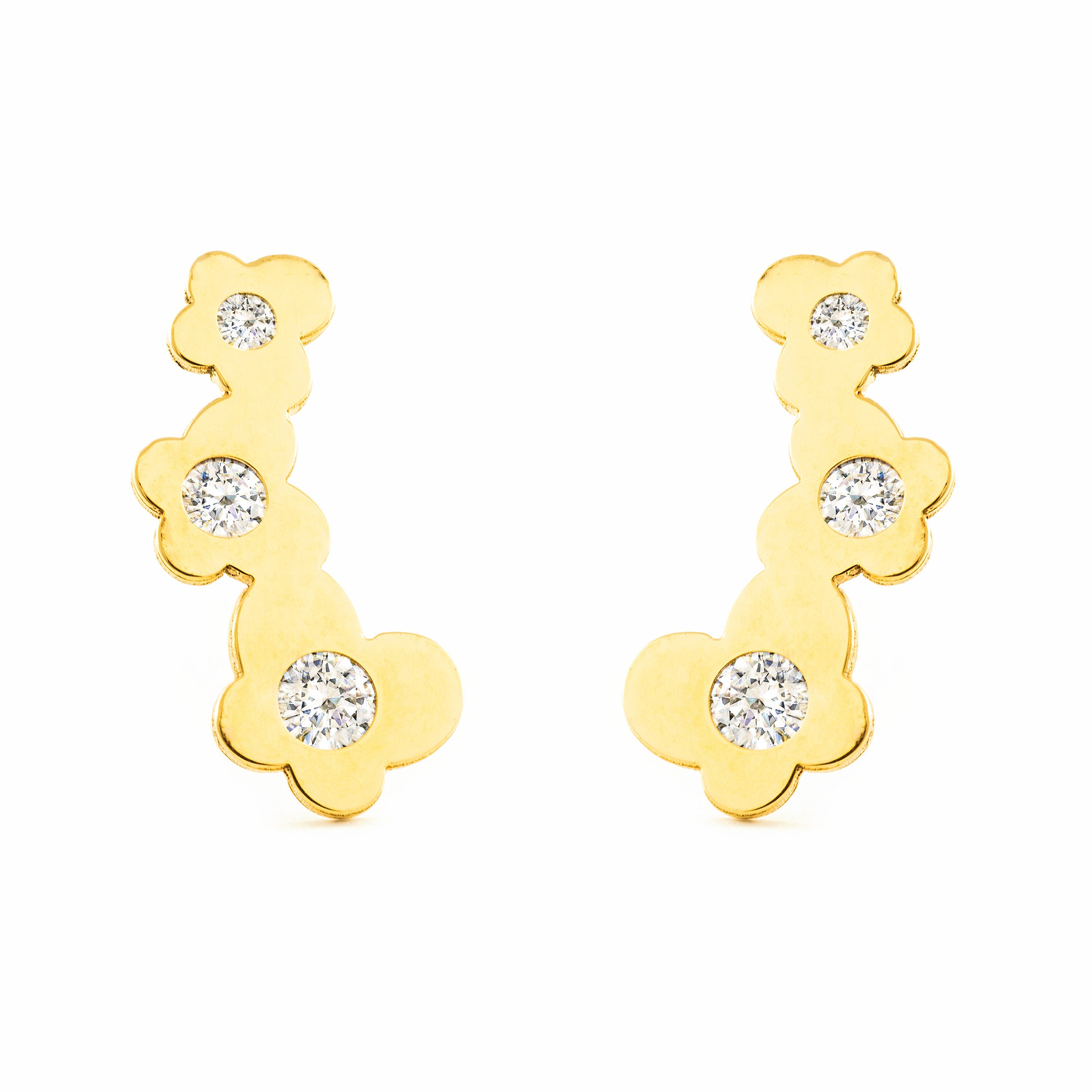 Women's-Girl's Earrings 9K Yellow Gold Climbing Butterflies Shiny Zirconia